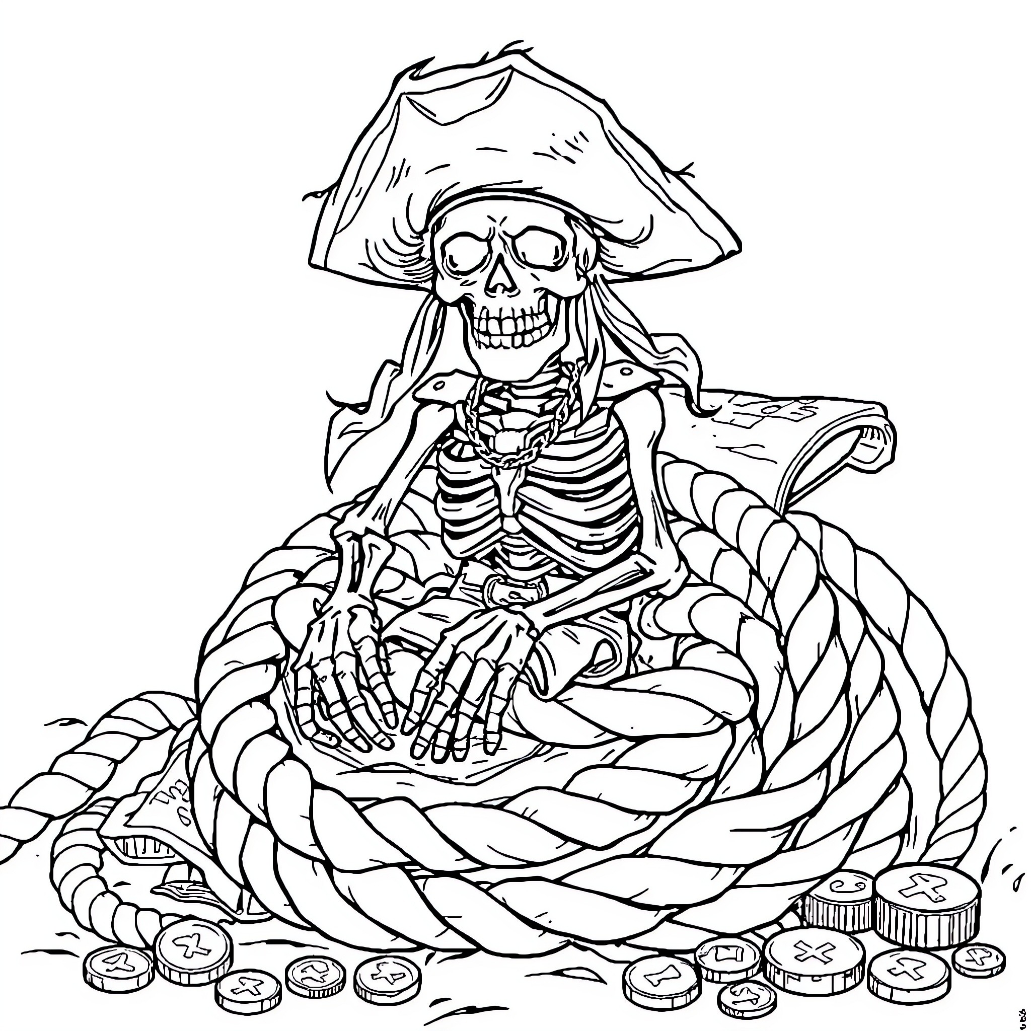 Skeleton Pirate Surrounded by Treasure Coloring Page (free black-and-white line drawing printable PDF for all, from beginners to advanced learners, including children, teens, adults, and seniors)