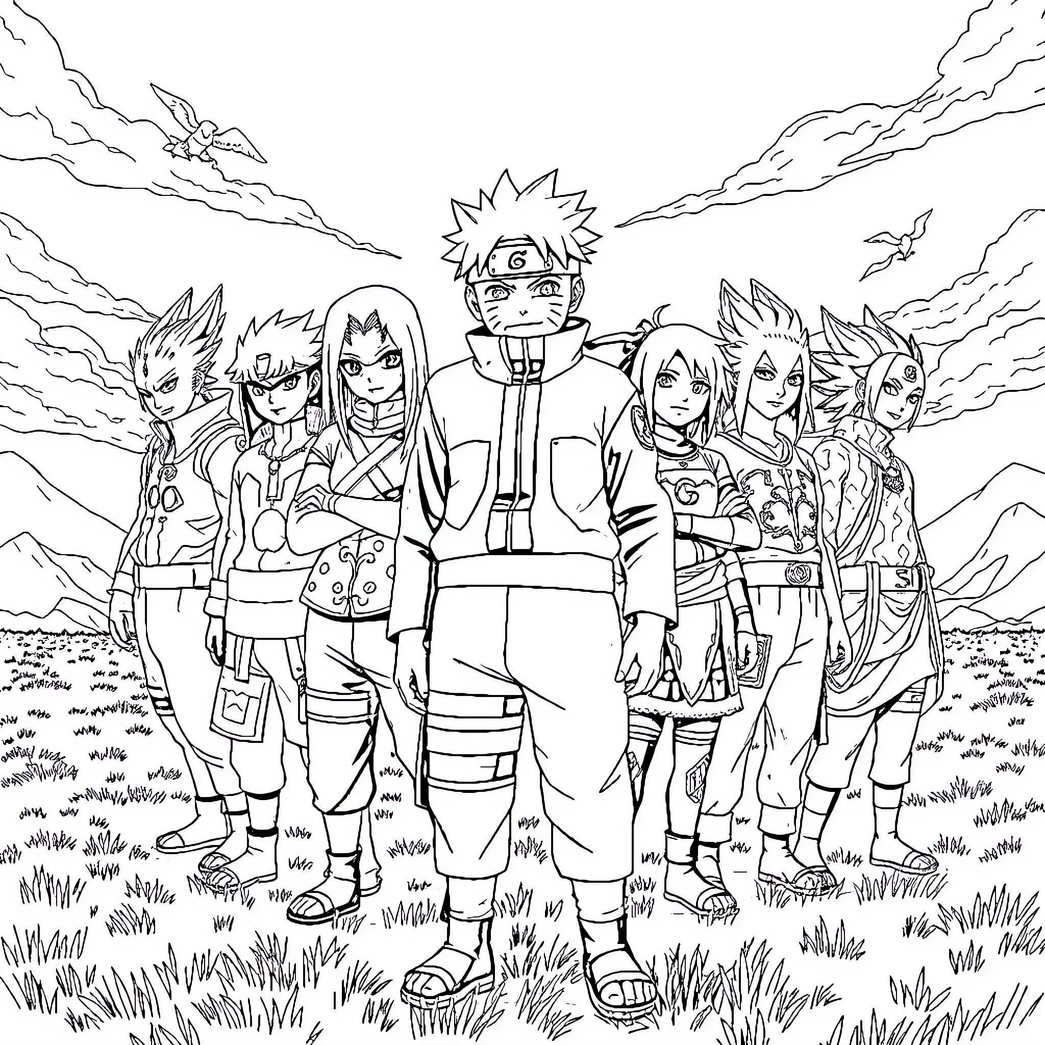 Naruto and Team in Outdoor Adventure Coloring Page (free black-and-white line drawing printable PDF for all, from beginners to advanced learners, including children, teens, adults, and seniors)