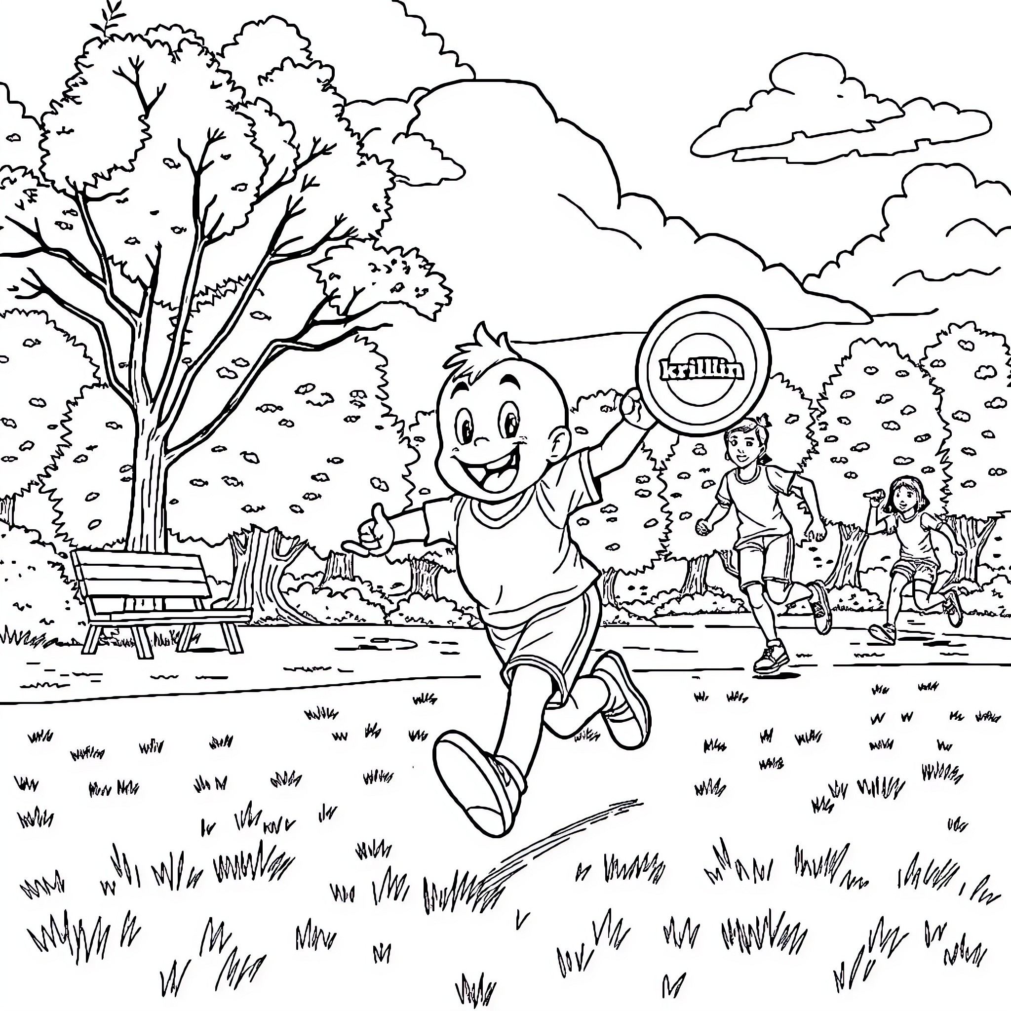 Krillin enjoying a fun day at the park Coloring Page (free black-and-white line drawing printable PDF for all, from beginners to advanced learners, including children, teens, adults, and seniors)