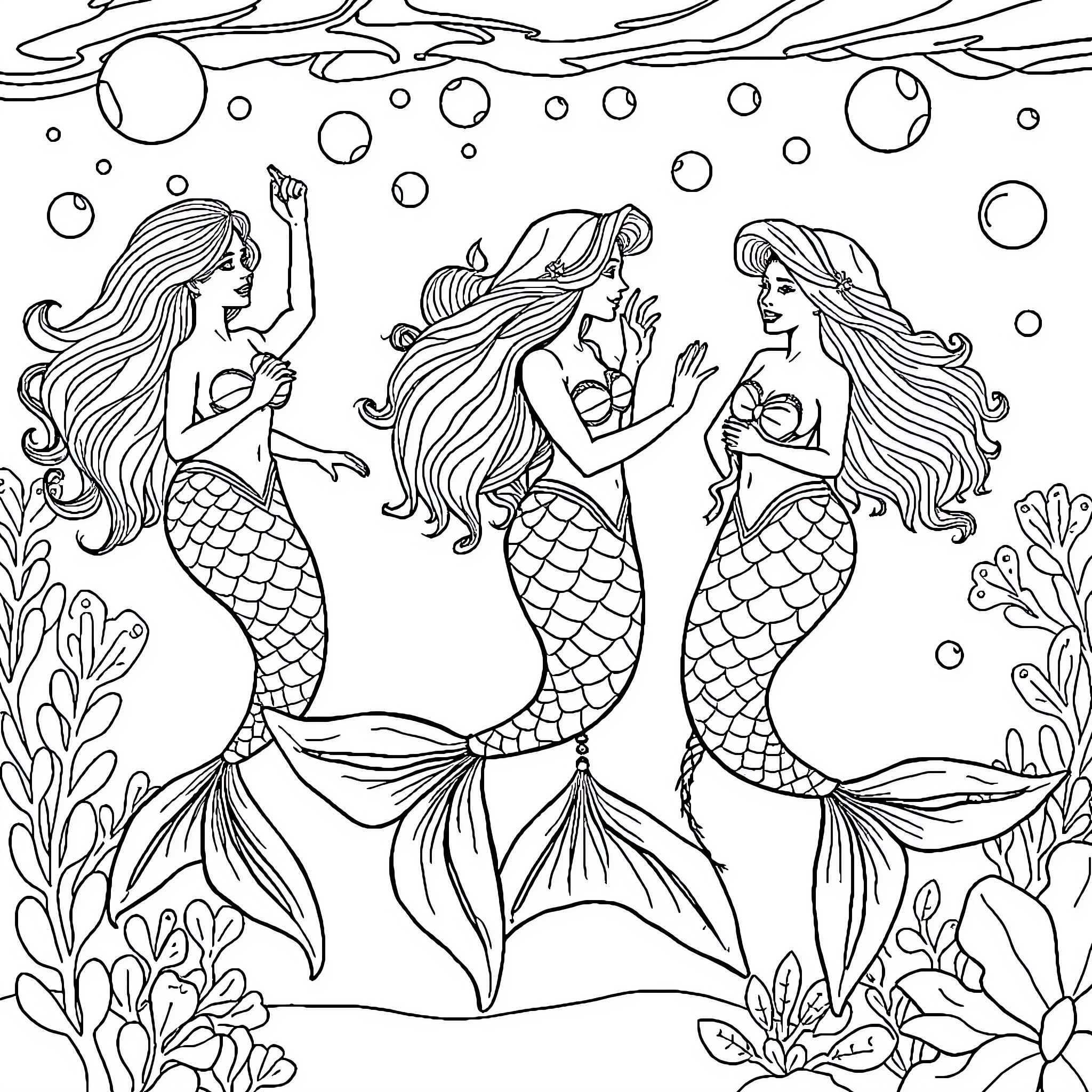 Mermaid Merrymaking in the Aquatic Realm Coloring Page (free black-and-white line drawing printable PDF for all, from beginners to advanced learners, including children, teens, adults, and seniors)