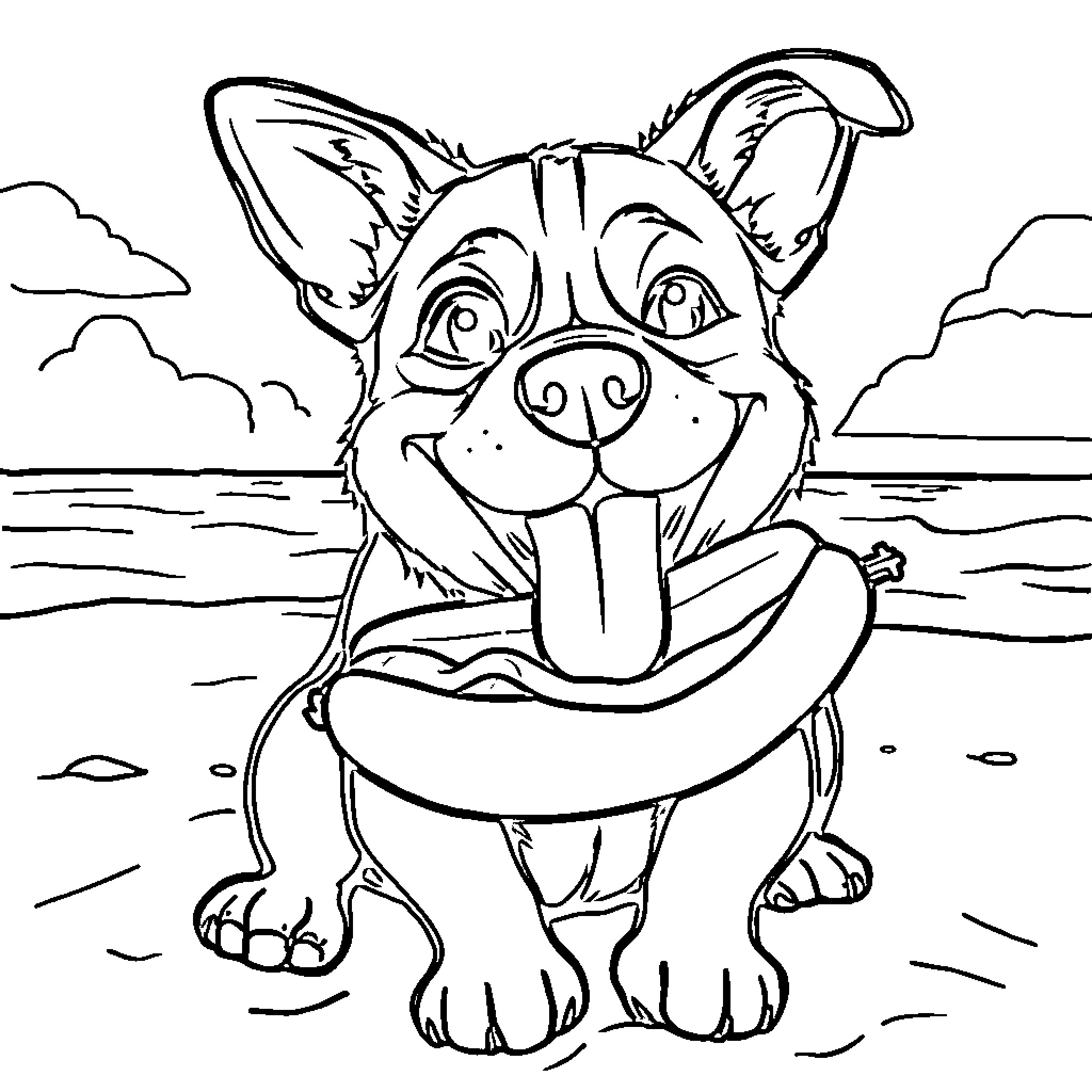 Dog enjoying a swim in the ocean Coloring Page (free black-and-white line drawing printable PDF for all, from beginners to advanced learners, including children, teens, adults, and seniors)