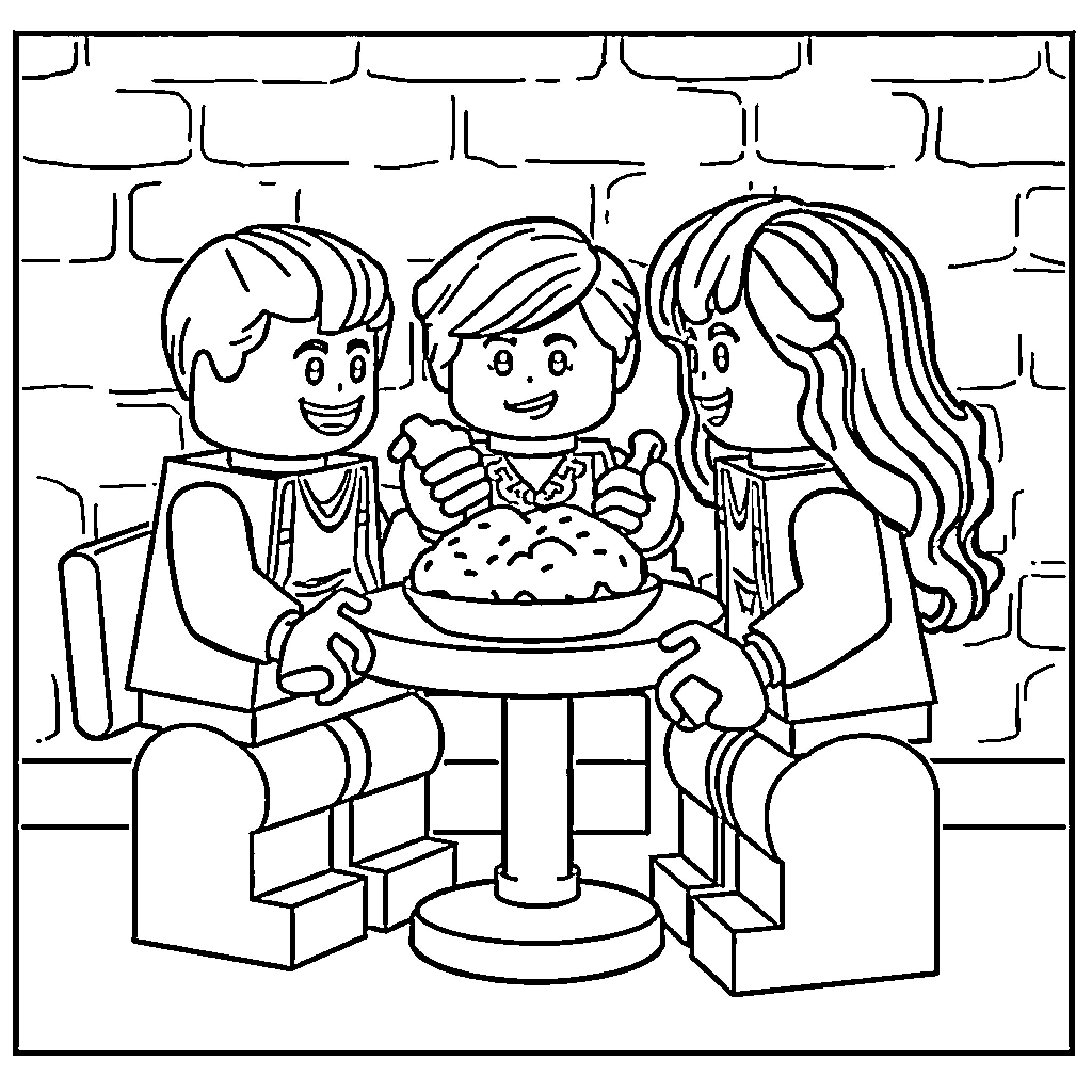 Lego People Enjoying a Meal Together Coloring Page (free black-and-white line drawing printable PDF for all, from beginners to advanced learners, including children, teens, adults, and seniors)