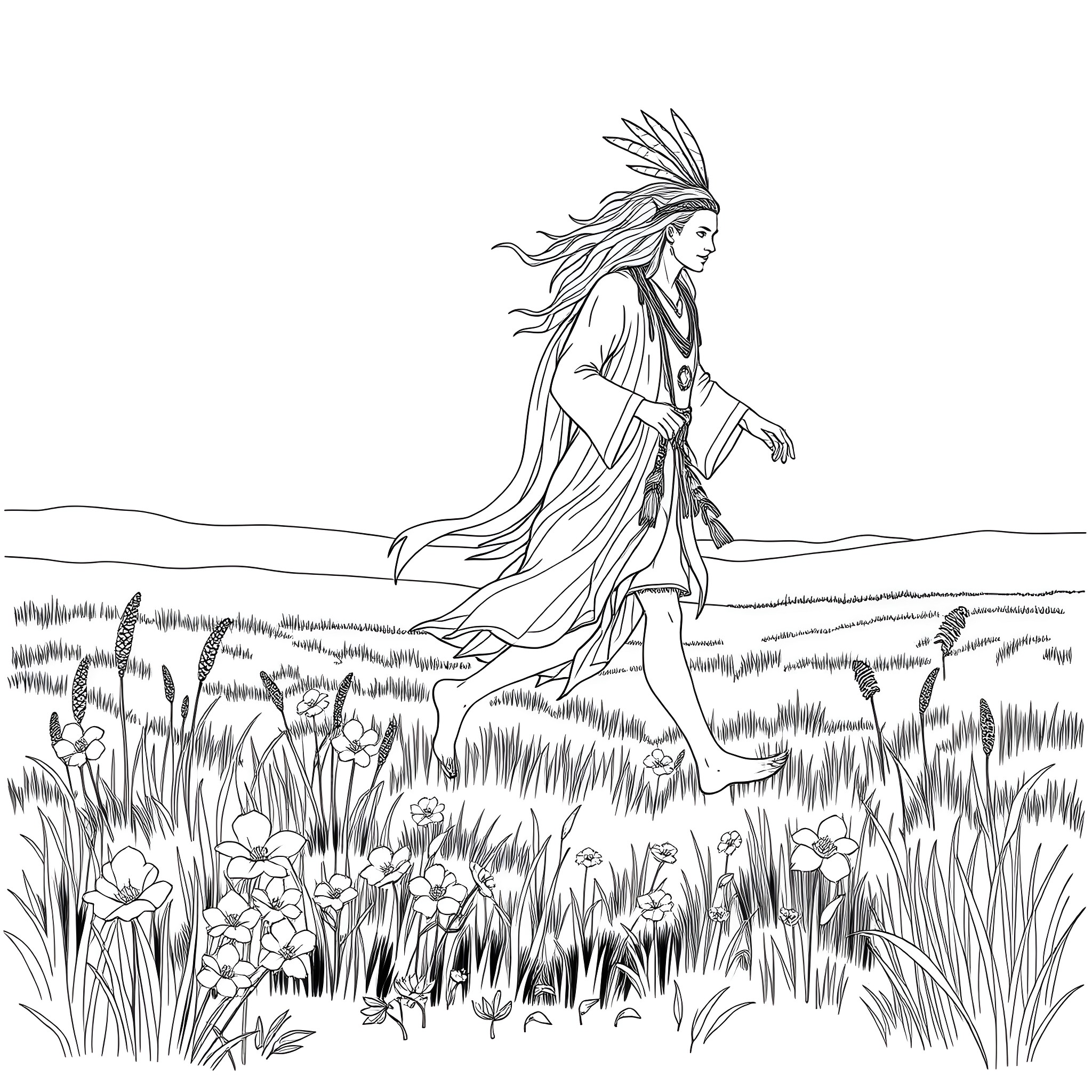 Great Spirit walking through the meadow with nature Coloring Page (free black-and-white line drawing printable PDF for all, from beginners to advanced learners, including children, teens, adults, and seniors)