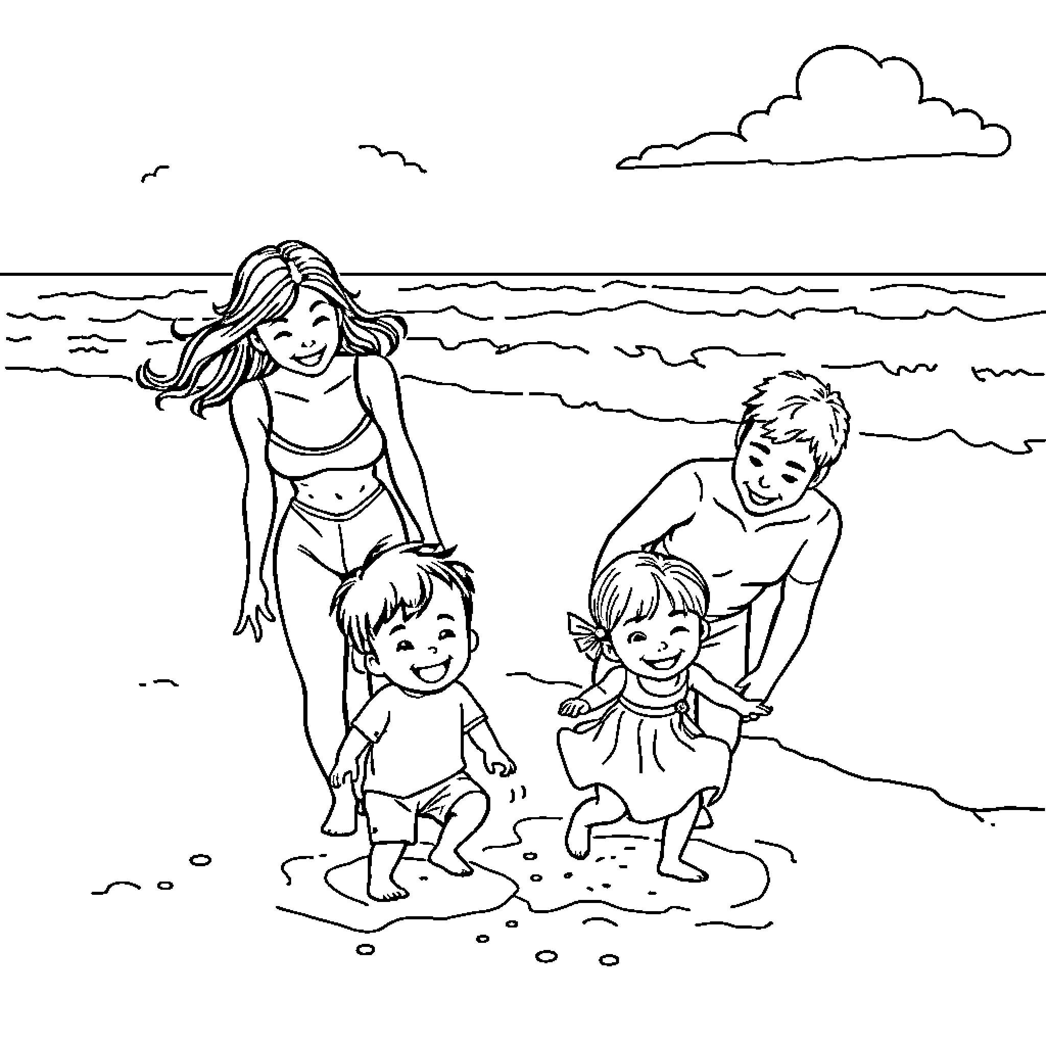 Family enjoying a day at the beach Coloring Page (free black-and-white line drawing printable PDF for all, from beginners to advanced learners, including children, teens, adults, and seniors)