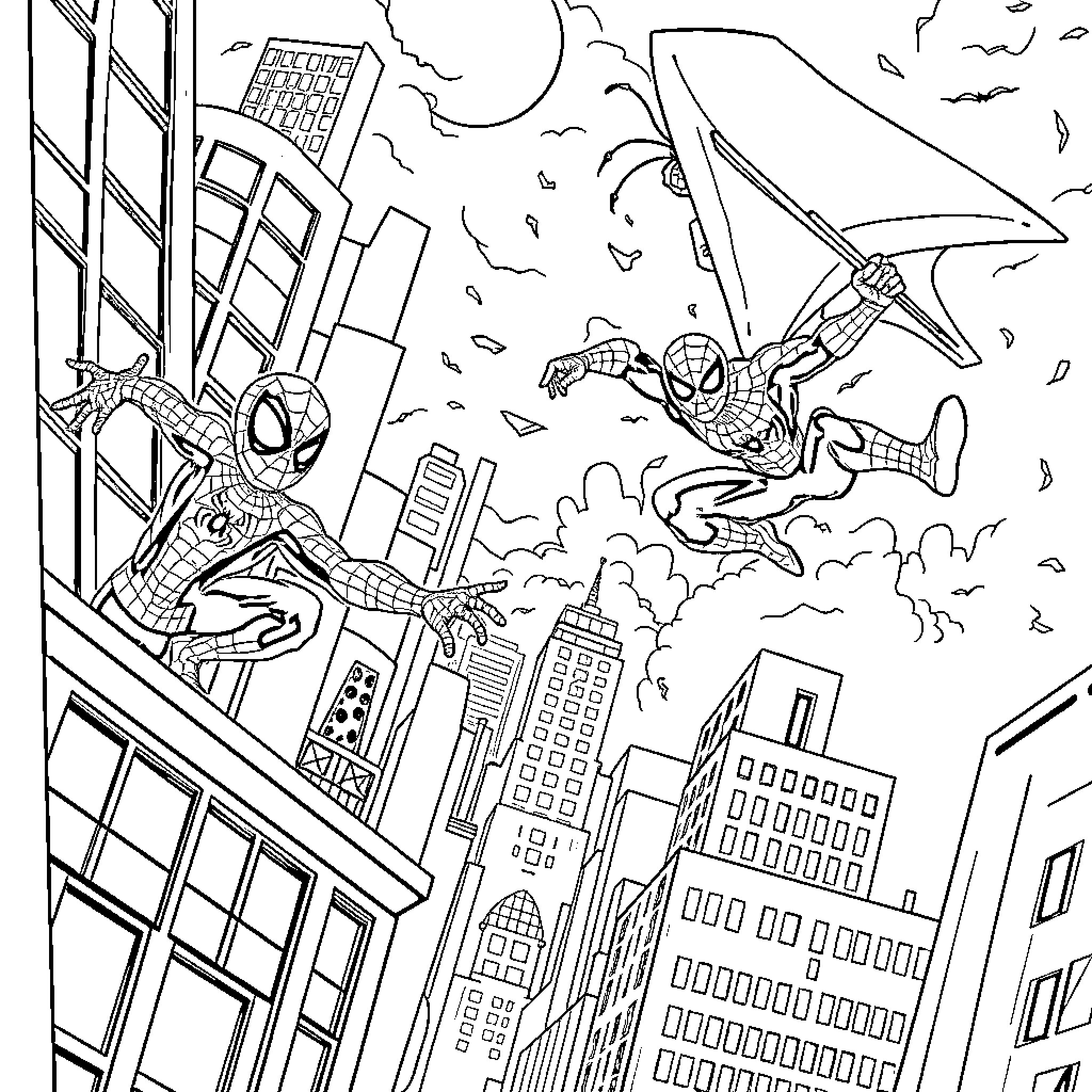 Spider-Man heroically swinging through the city Coloring Page (free black-and-white line drawing printable PDF for all, from beginners to advanced learners, including children, teens, adults, and seniors)