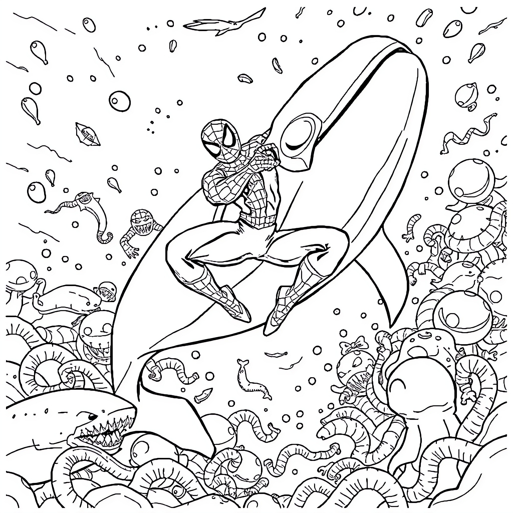 Spider-Man swinging through an underwater sea world Coloring Page (free black-and-white line drawing printable PDF for all, from beginners to advanced learners, including children, teens, adults, and seniors)