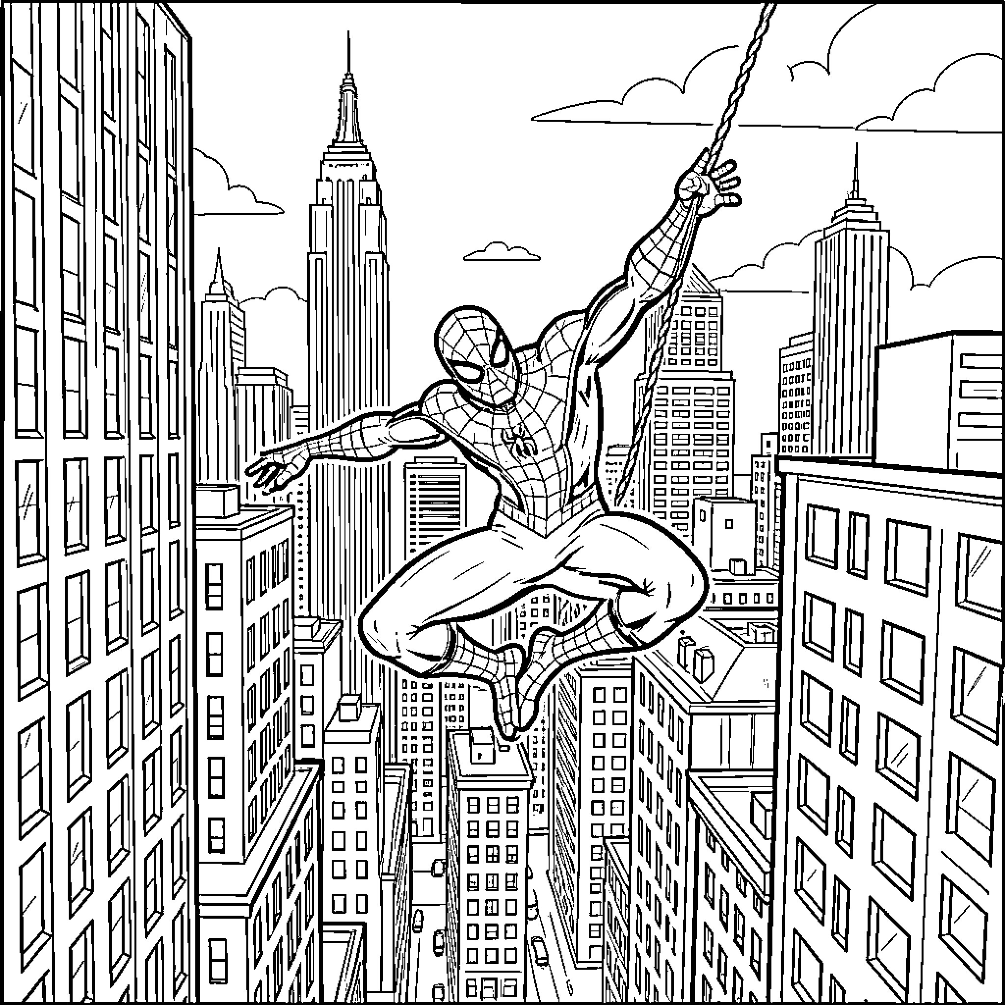 Spiderman swinging through the tall city skyscrapers Coloring Page (free black-and-white line drawing printable PDF for all, from beginners to advanced learners, including children, teens, adults, and seniors)