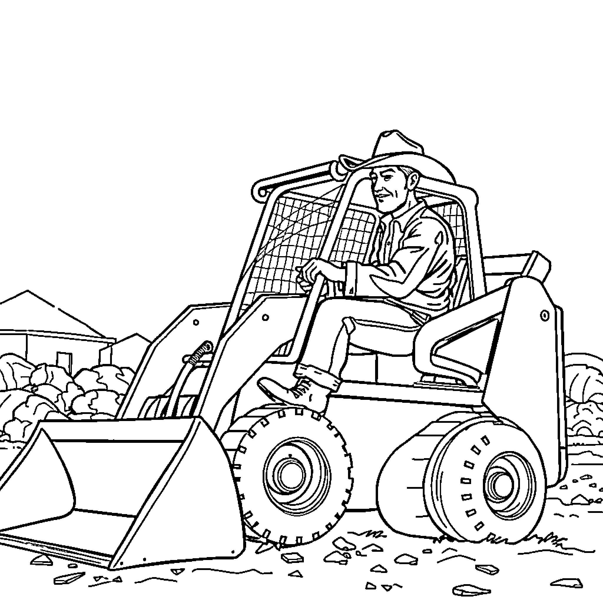 Cowboy operating a construction vehicle in the countryside Coloring Page (free black-and-white line drawing printable PDF for all, from beginners to advanced learners, including children, teens, adults, and seniors)
