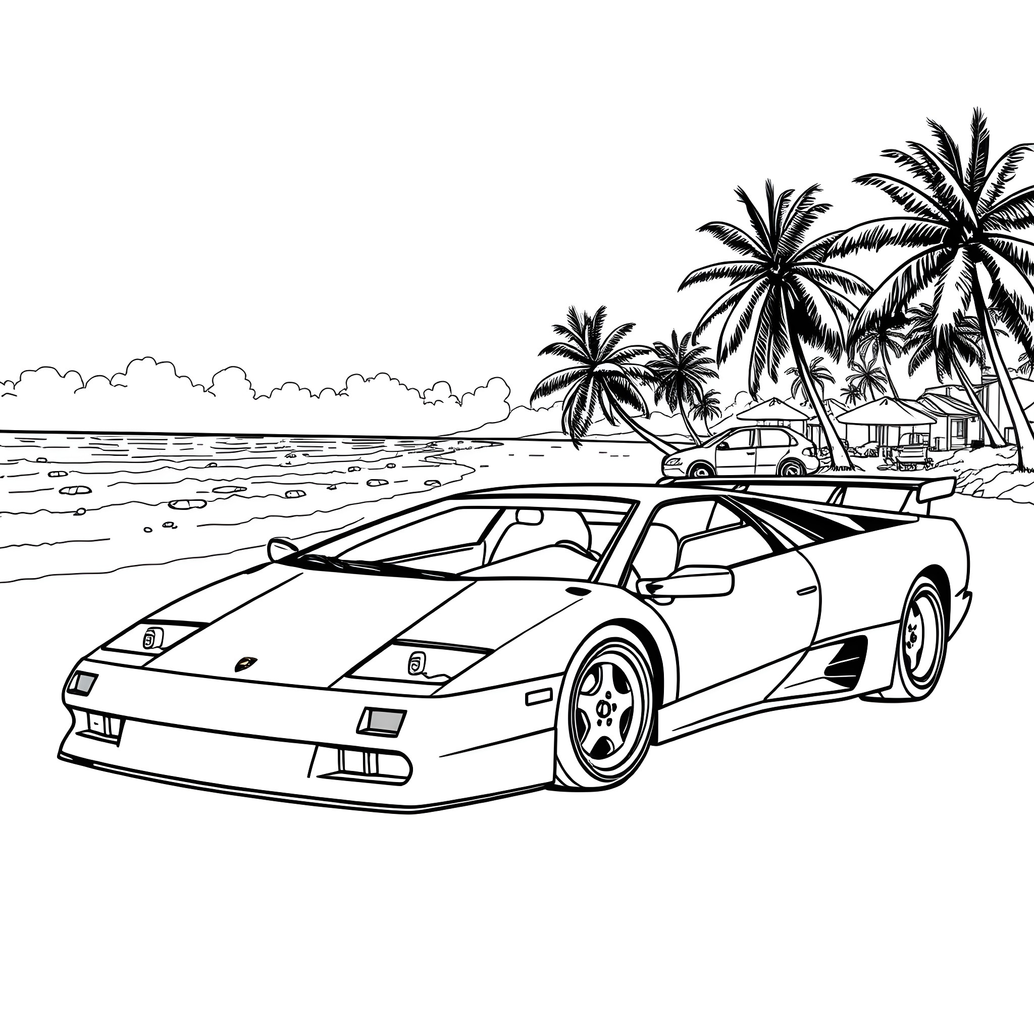 Lamborghini sports car on a tropical beach Coloring Page (free black-and-white line drawing printable PDF for all, from beginners to advanced learners, including children, teens, adults, and seniors)