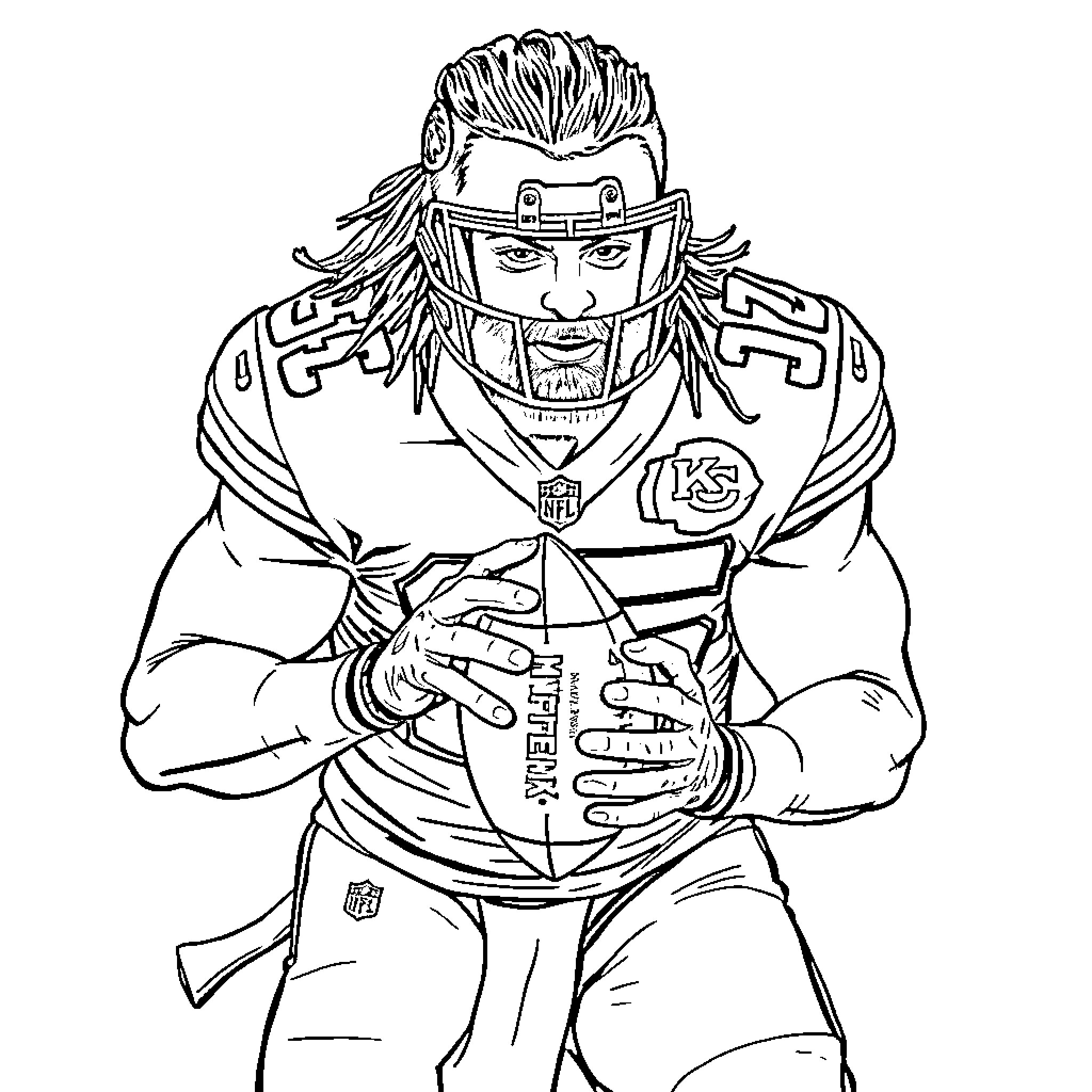 Travis Kelce standing with football gear Coloring Page (free black-and-white line drawing printable PDF for all, from beginners to advanced learners, including children, teens, adults, and seniors)