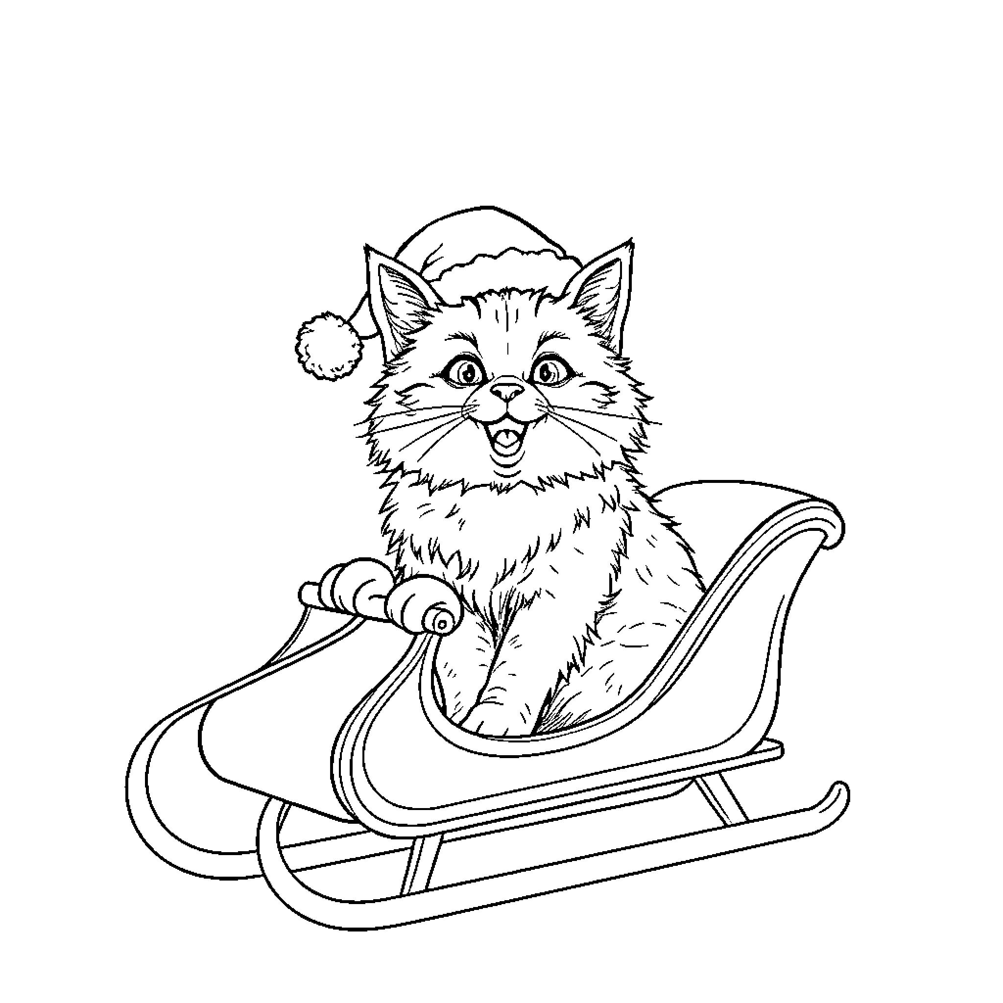 Cat riding a sleigh with Santa hat Coloring Page (free black-and-white line drawing printable PDF for all, from beginners to advanced learners, including children, teens, adults, and seniors)