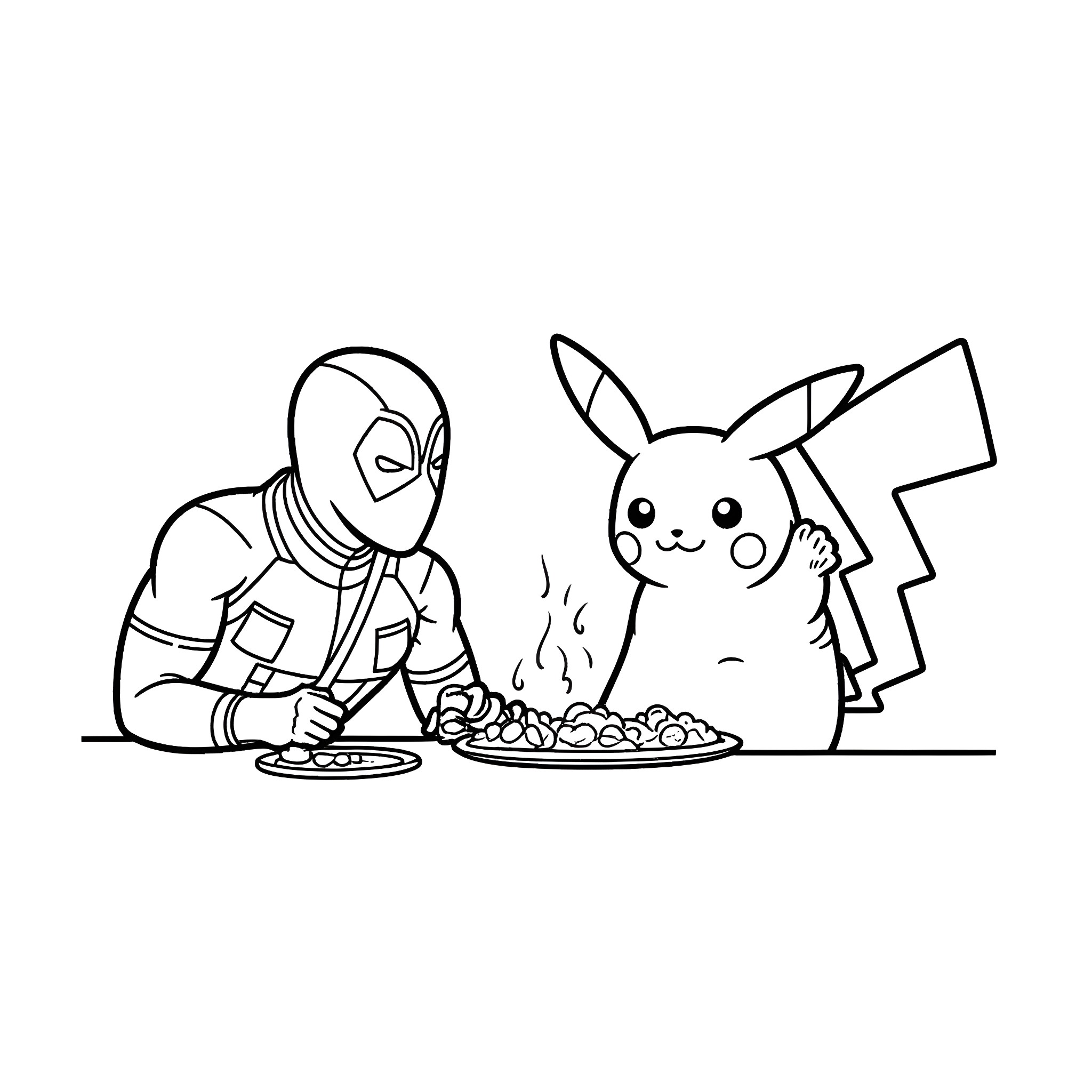 Deadpool enjoying a meal with Pikachu Coloring Page (free black-and-white line drawing printable PDF for all, from beginners to advanced learners, including children, teens, adults, and seniors)
