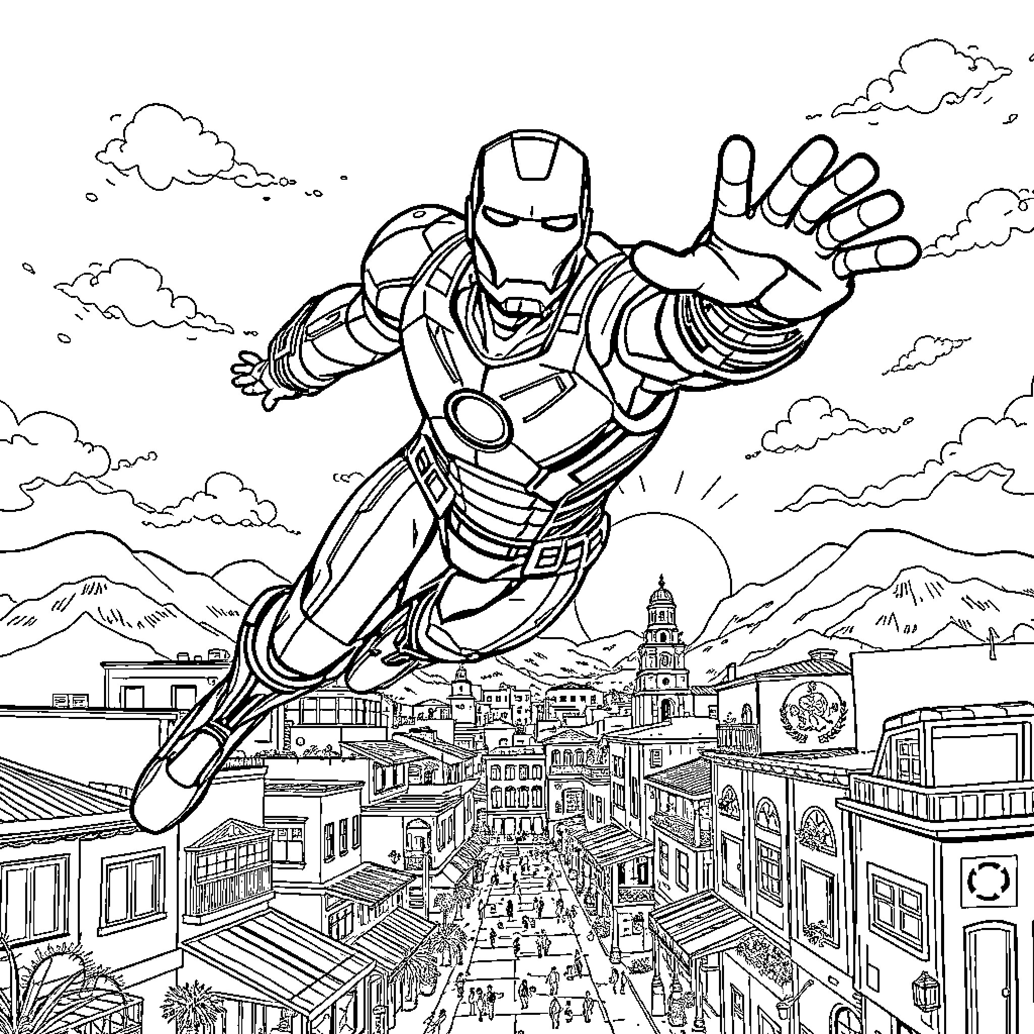 Ironman soaring over a bustling city Coloring Page (free black-and-white line drawing printable PDF for all, from beginners to advanced learners, including children, teens, adults, and seniors)