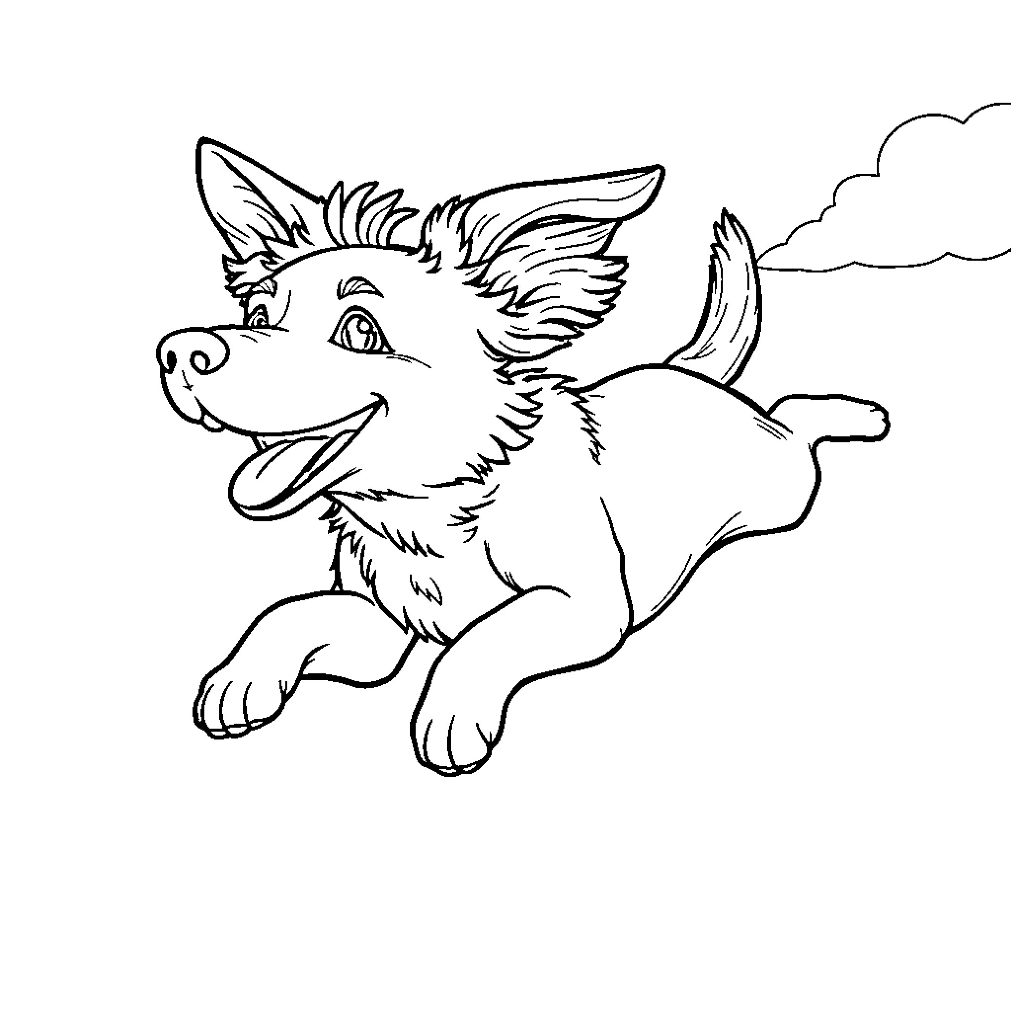 Flying Dog Soaring Through the Clouds Coloring Page (free black-and-white line drawing printable PDF for all, from beginners to advanced learners, including children, teens, adults, and seniors)