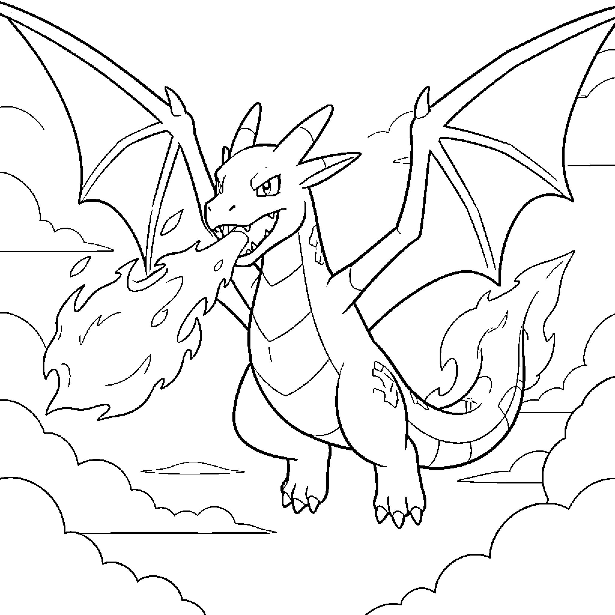 Mega Charizard unleashing fiery power in the skies Coloring Page (free black-and-white line drawing printable PDF for all, from beginners to advanced learners, including children, teens, adults, and seniors)