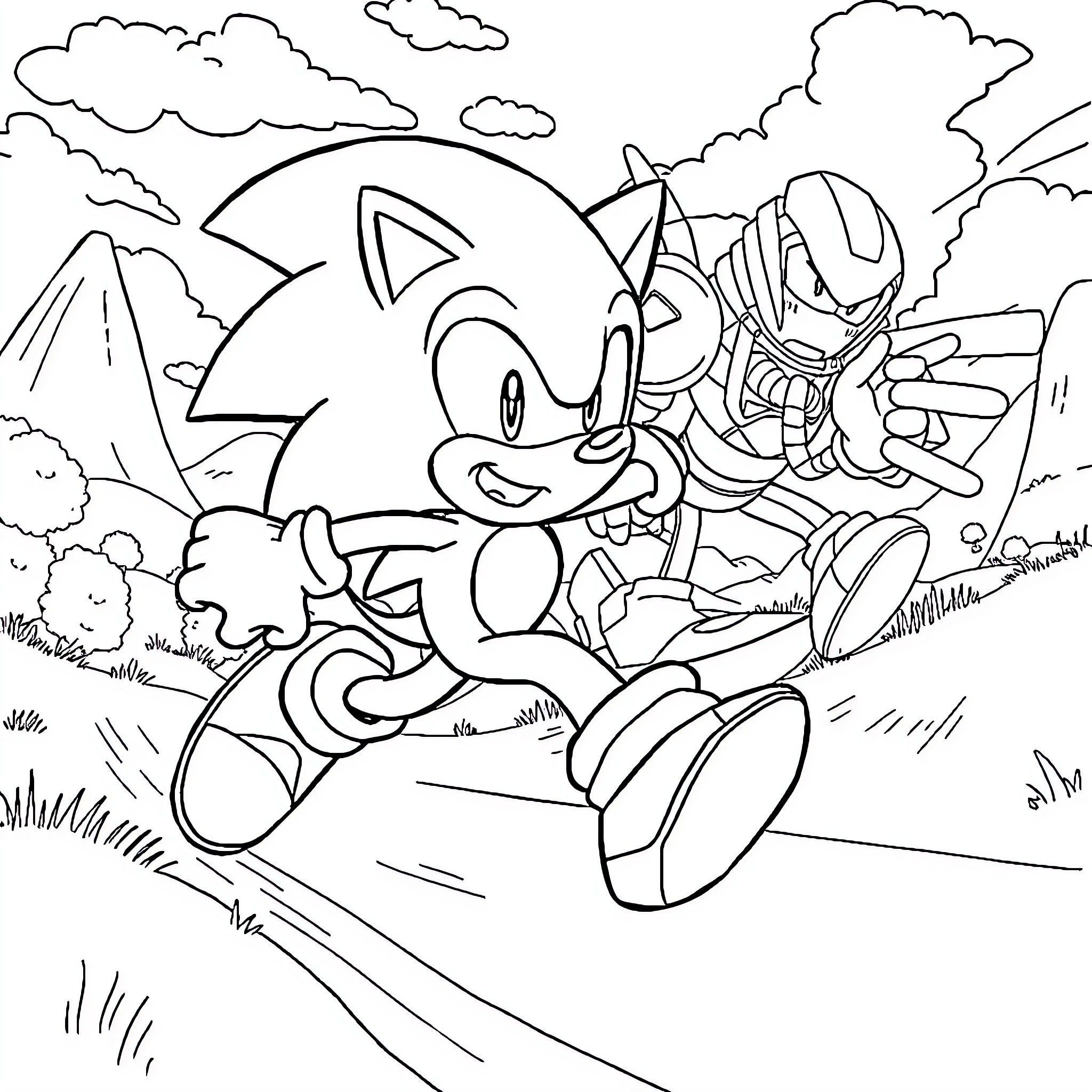 Sonic running through the countryside Coloring Page (free black-and-white line drawing printable PDF for all, from beginners to advanced learners, including children, teens, adults, and seniors)