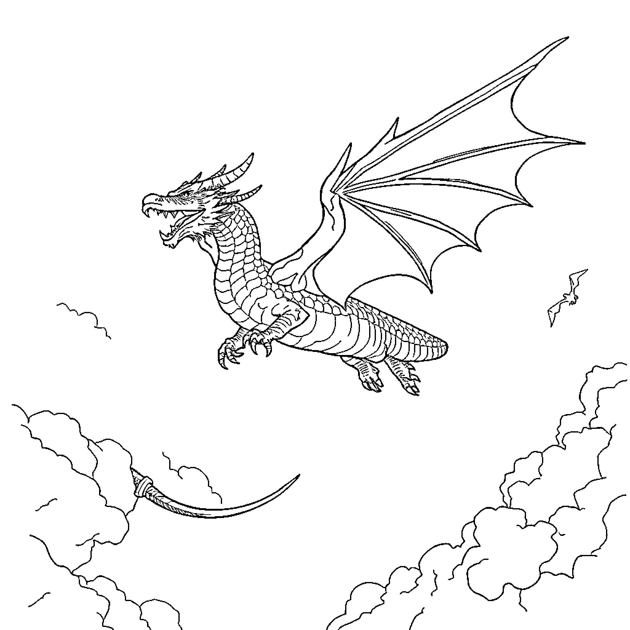 Dragon soaring high above the clouds Coloring Page (free black-and-white line drawing printable PDF for all, from beginners to advanced learners, including children, teens, adults, and seniors)