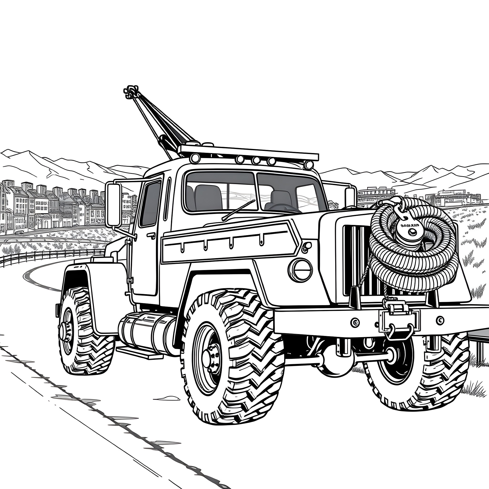 Tow Truck Towing Vehicle on Rugged Terrain Coloring Page (free black-and-white line drawing printable PDF for all, from beginners to advanced learners, including children, teens, adults, and seniors)