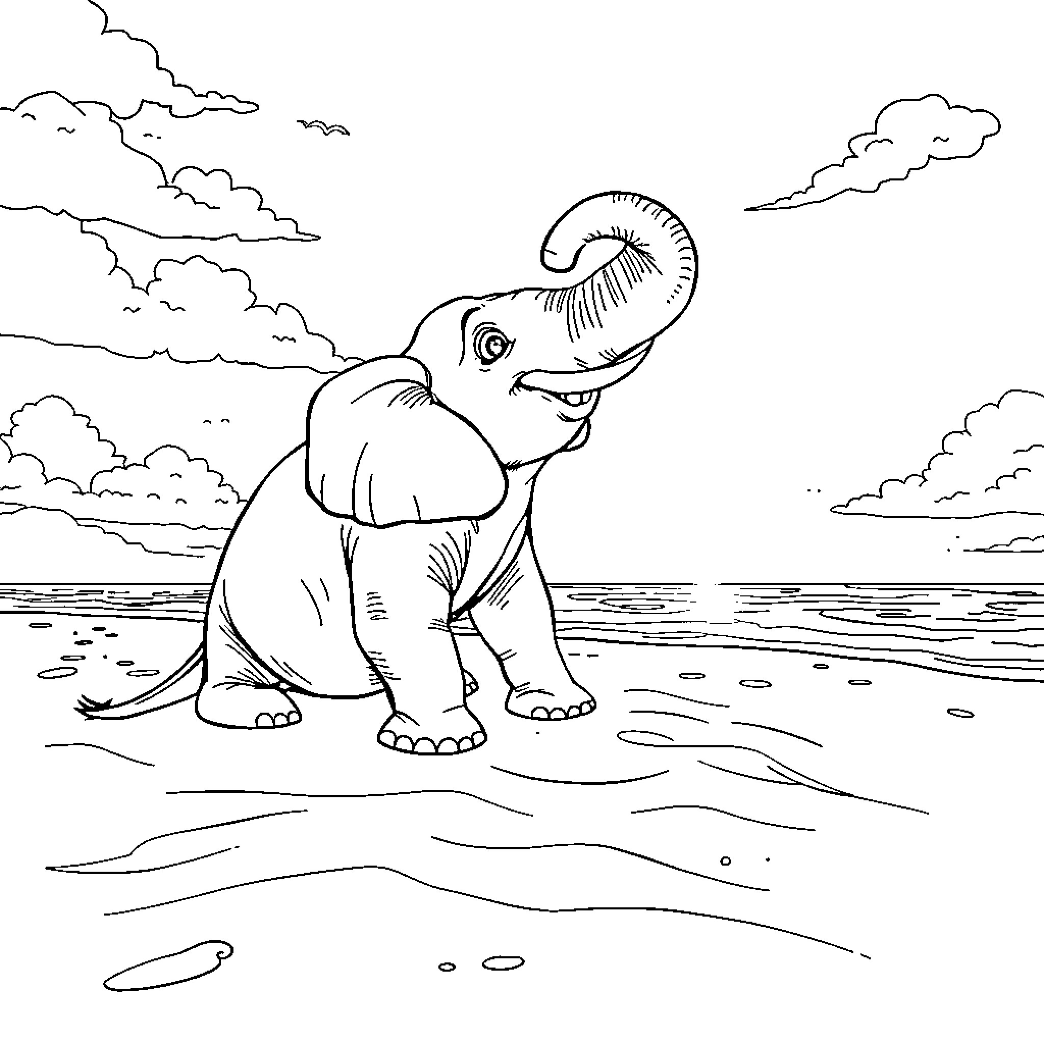 Elephant enjoying the outdoors by the water Coloring Page (free black-and-white line drawing printable PDF for all, from beginners to advanced learners, including children, teens, adults, and seniors)