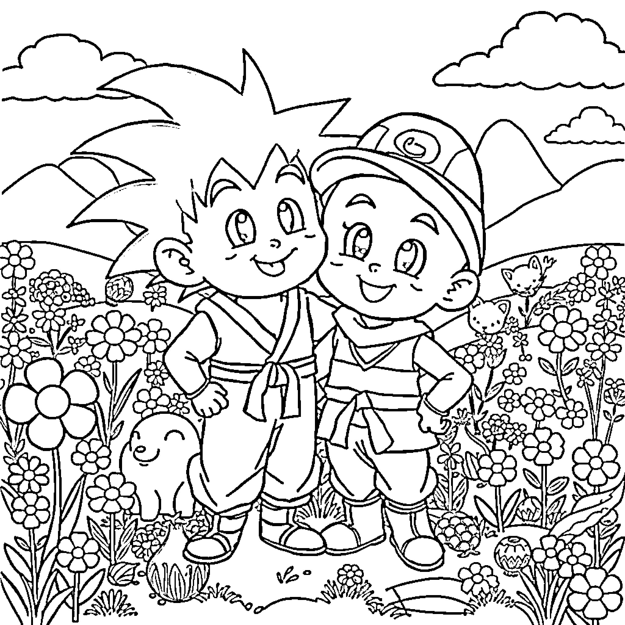 Pocoyo and friend exploring the floral garden Coloring Page (free black-and-white line drawing printable PDF for all, from beginners to advanced learners, including children, teens, adults, and seniors)