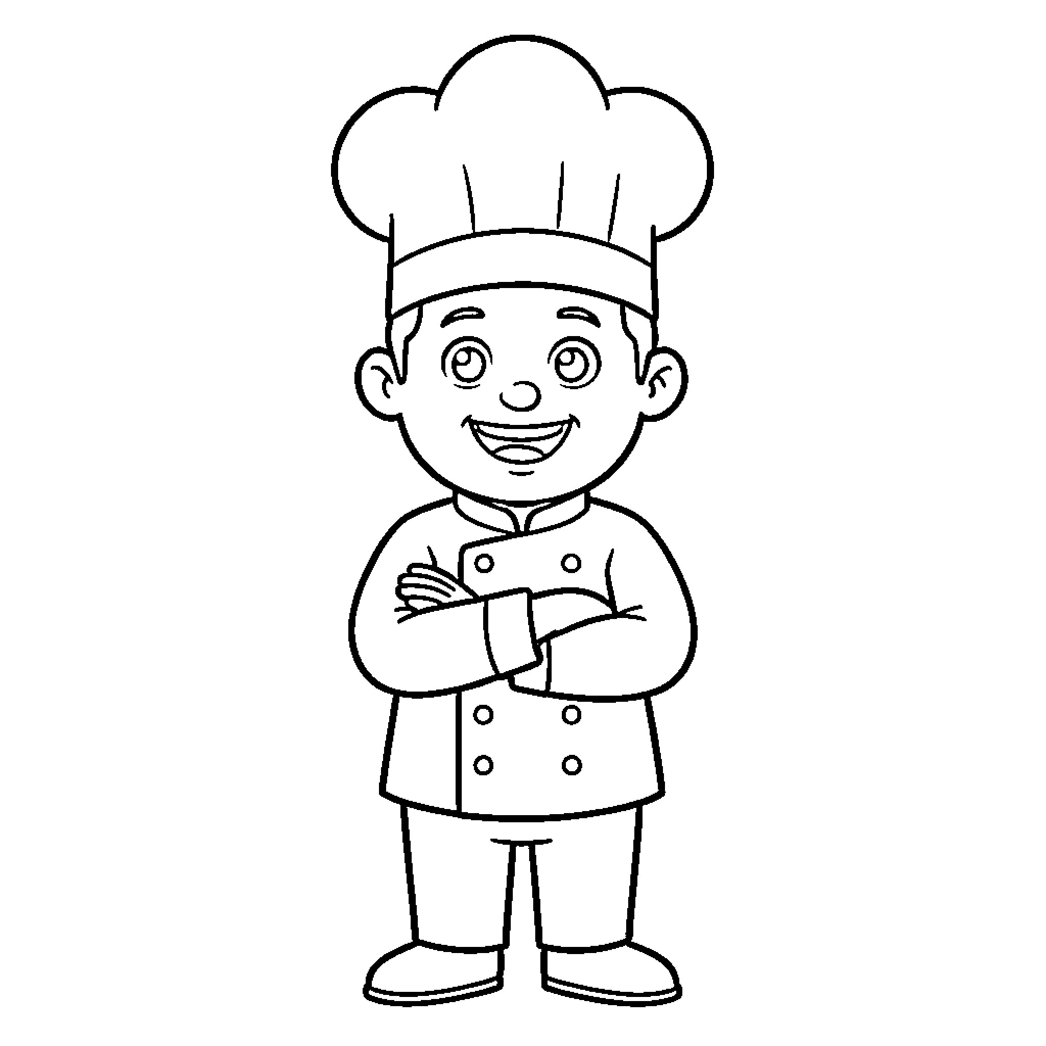 Chef with a Cheerful Expression Coloring Page (free black-and-white line drawing printable PDF for all, from beginners to advanced learners, including children, teens, adults, and seniors)