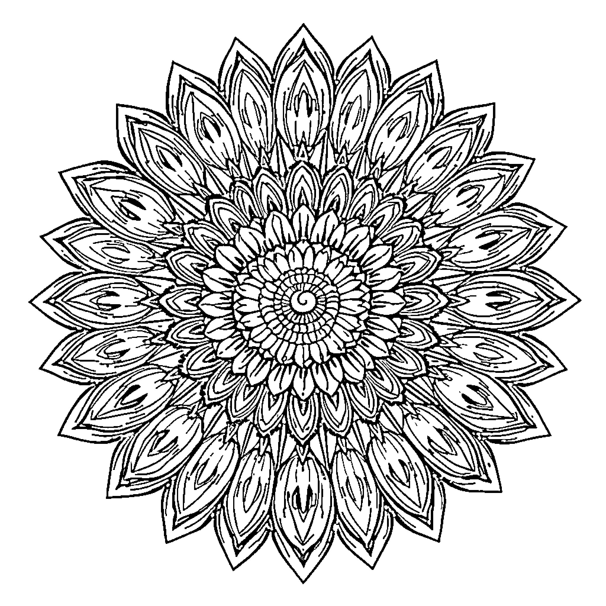 Mandala of intricate floral patterns Coloring Page (free black-and-white line drawing printable PDF for all, from beginners to advanced learners, including children, teens, adults, and seniors)