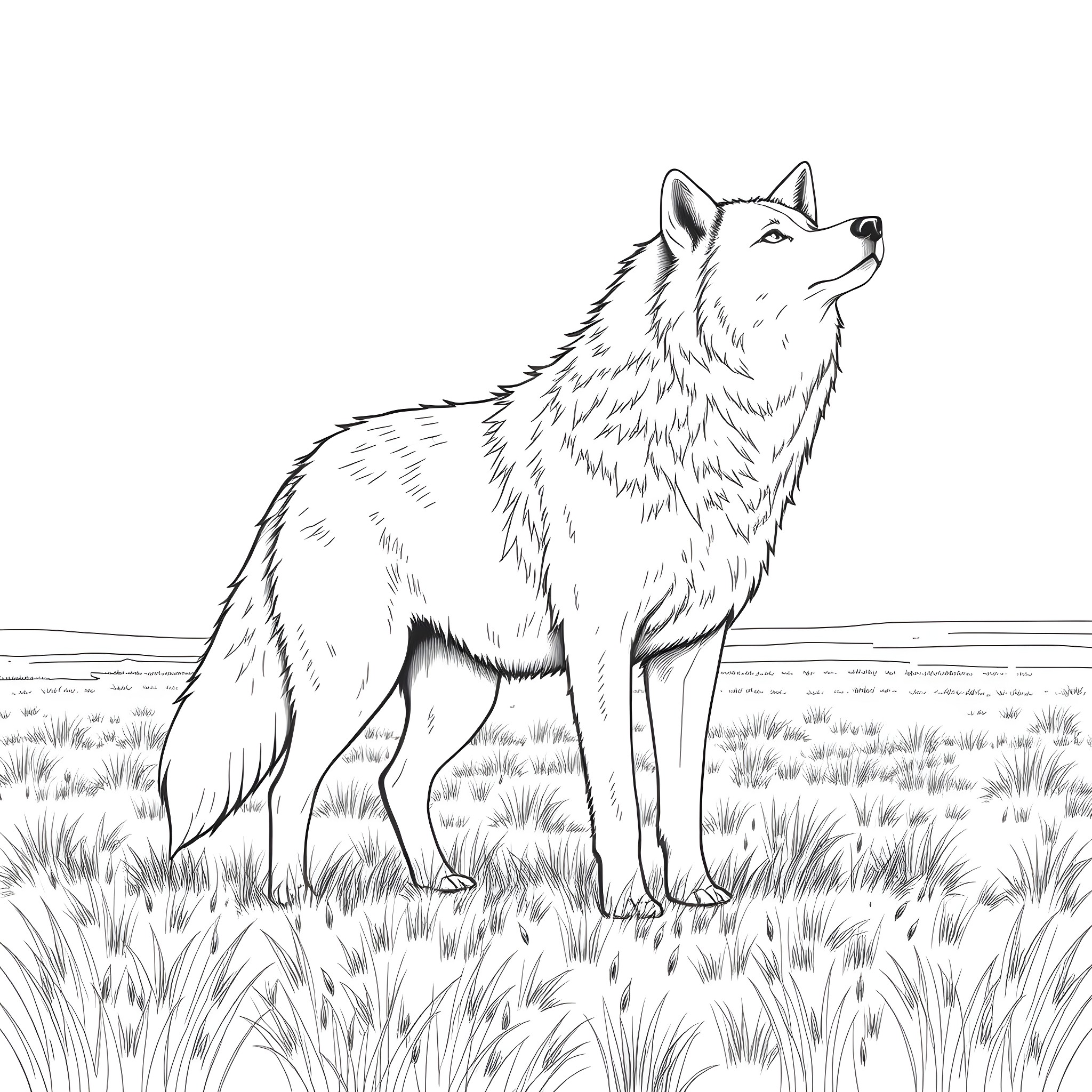 Wolf standing tall in the wilderness Coloring Page (free black-and-white line drawing printable PDF for all, from beginners to advanced learners, including children, teens, adults, and seniors)