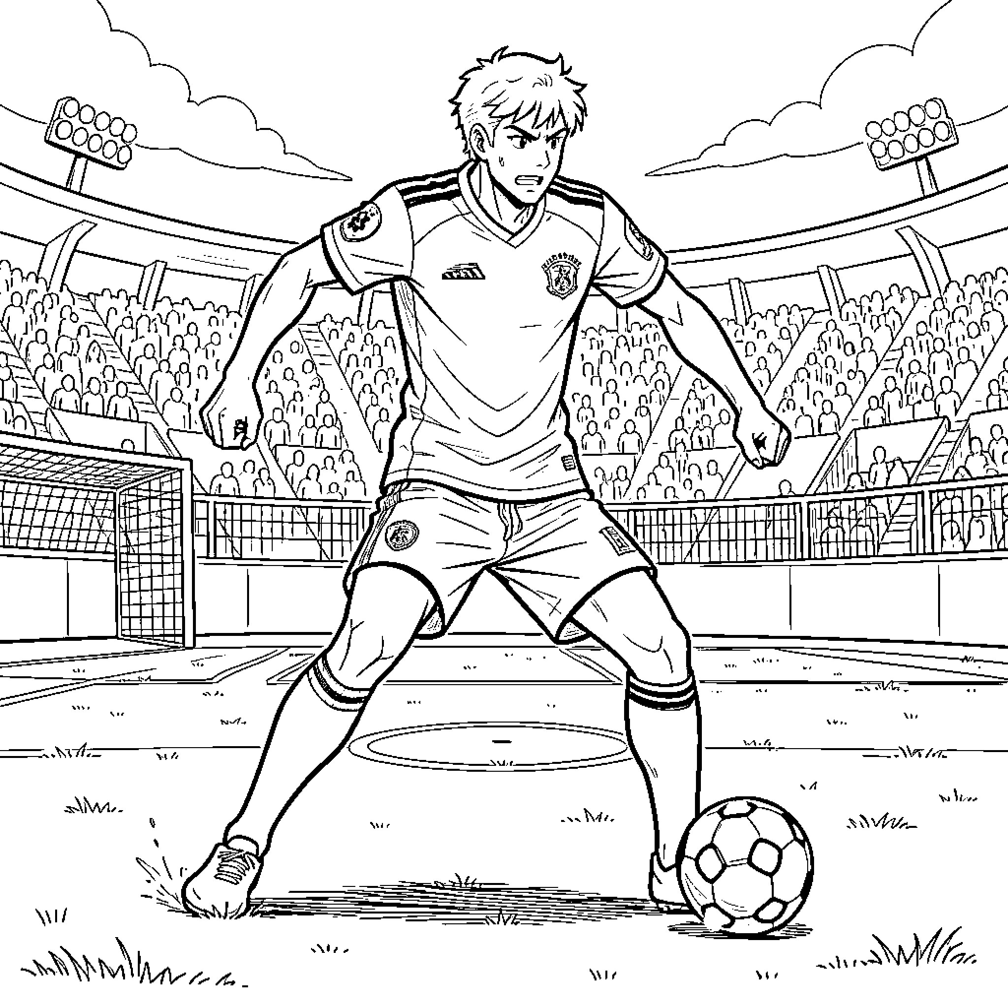 Kaiser playing soccer intensely on a stadium field Coloring Page (free black-and-white line drawing printable PDF for all, from beginners to advanced learners, including children, teens, adults, and seniors)