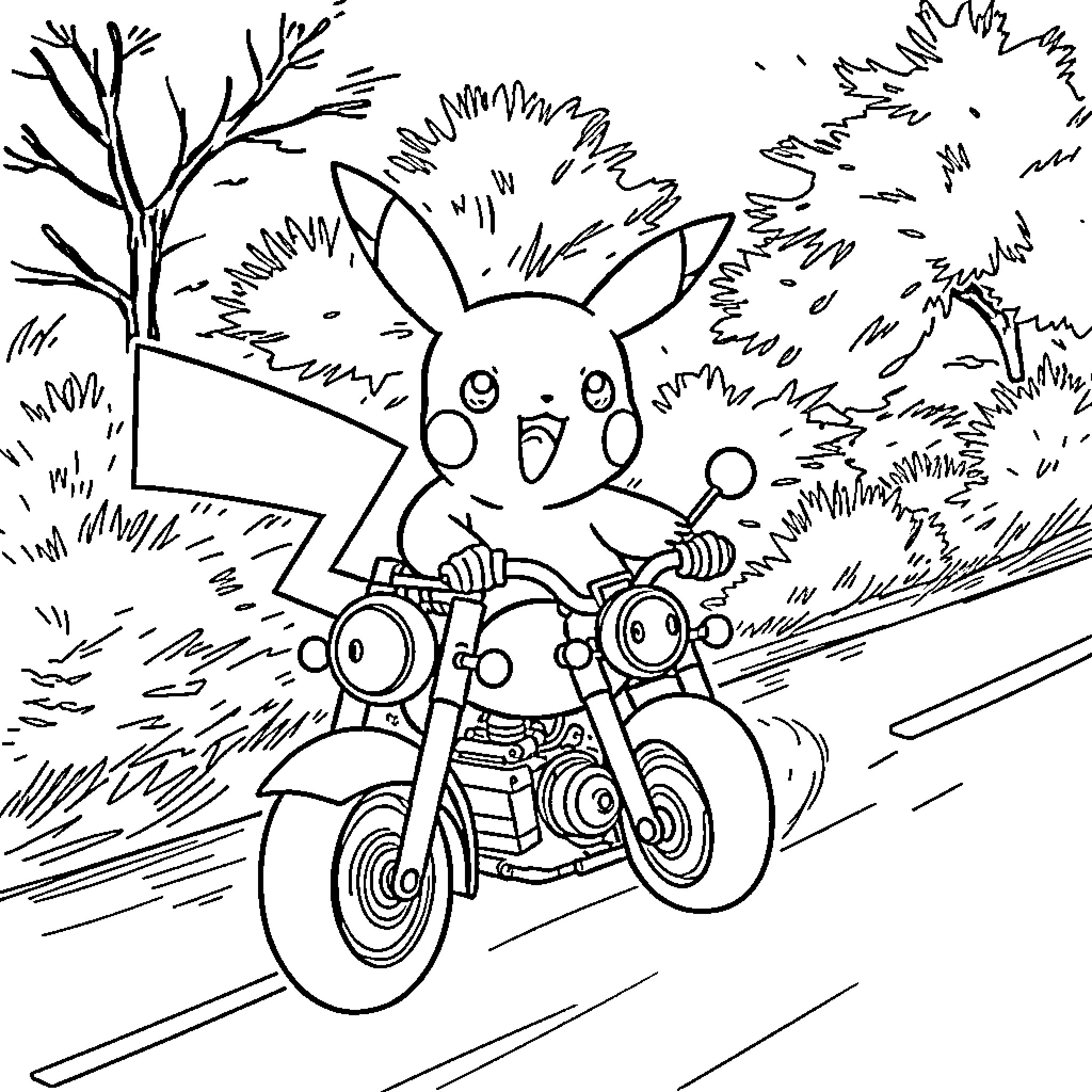 Pikachu riding a motorcycle through a park Coloring Page (free black-and-white line drawing printable PDF for all, from beginners to advanced learners, including children, teens, adults, and seniors)
