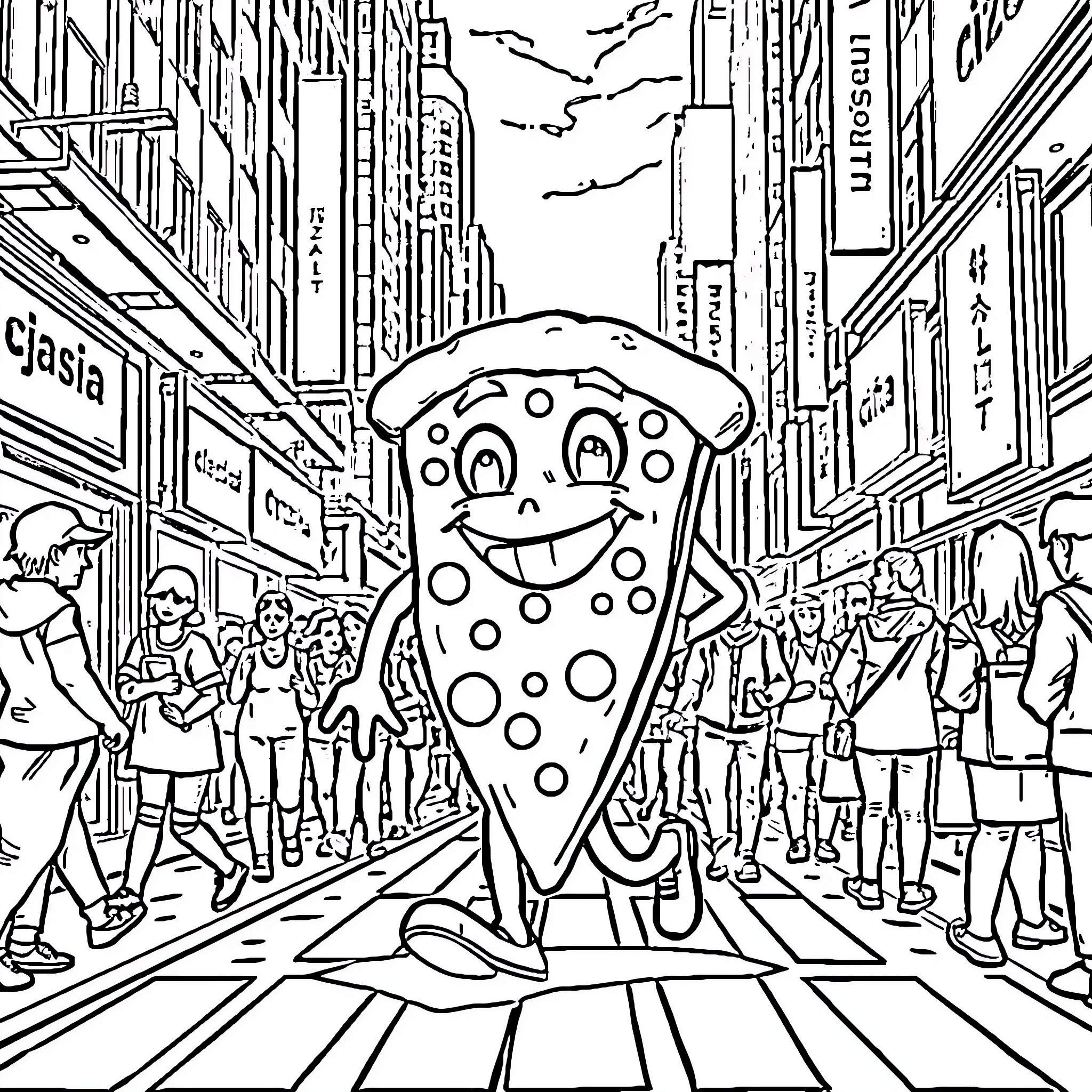 Pizza slice enjoying a lively street scene Coloring Page (free black-and-white line drawing printable PDF for all, from beginners to advanced learners, including children, teens, adults, and seniors)