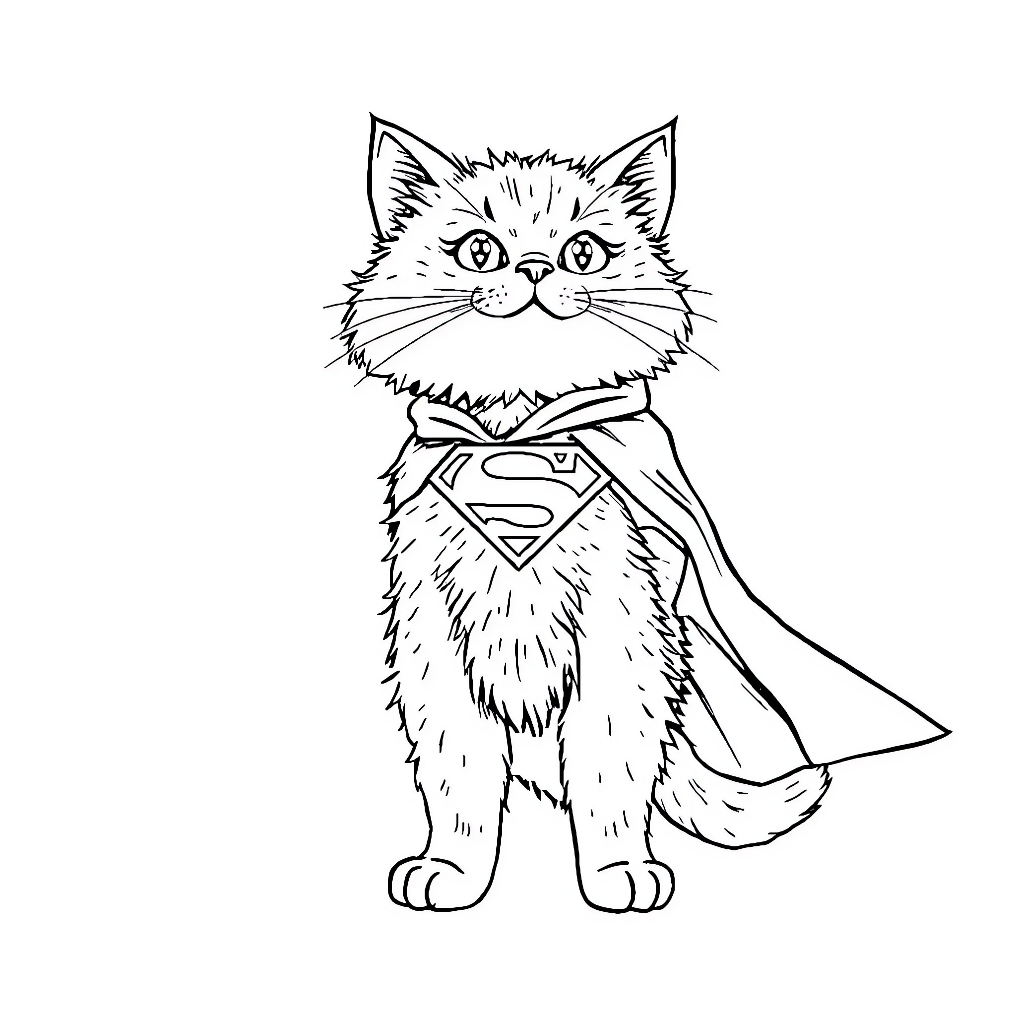 Cat superhero in a cape Coloring Page (free black-and-white line drawing printable PDF for all, from beginners to advanced learners, including children, teens, adults, and seniors)