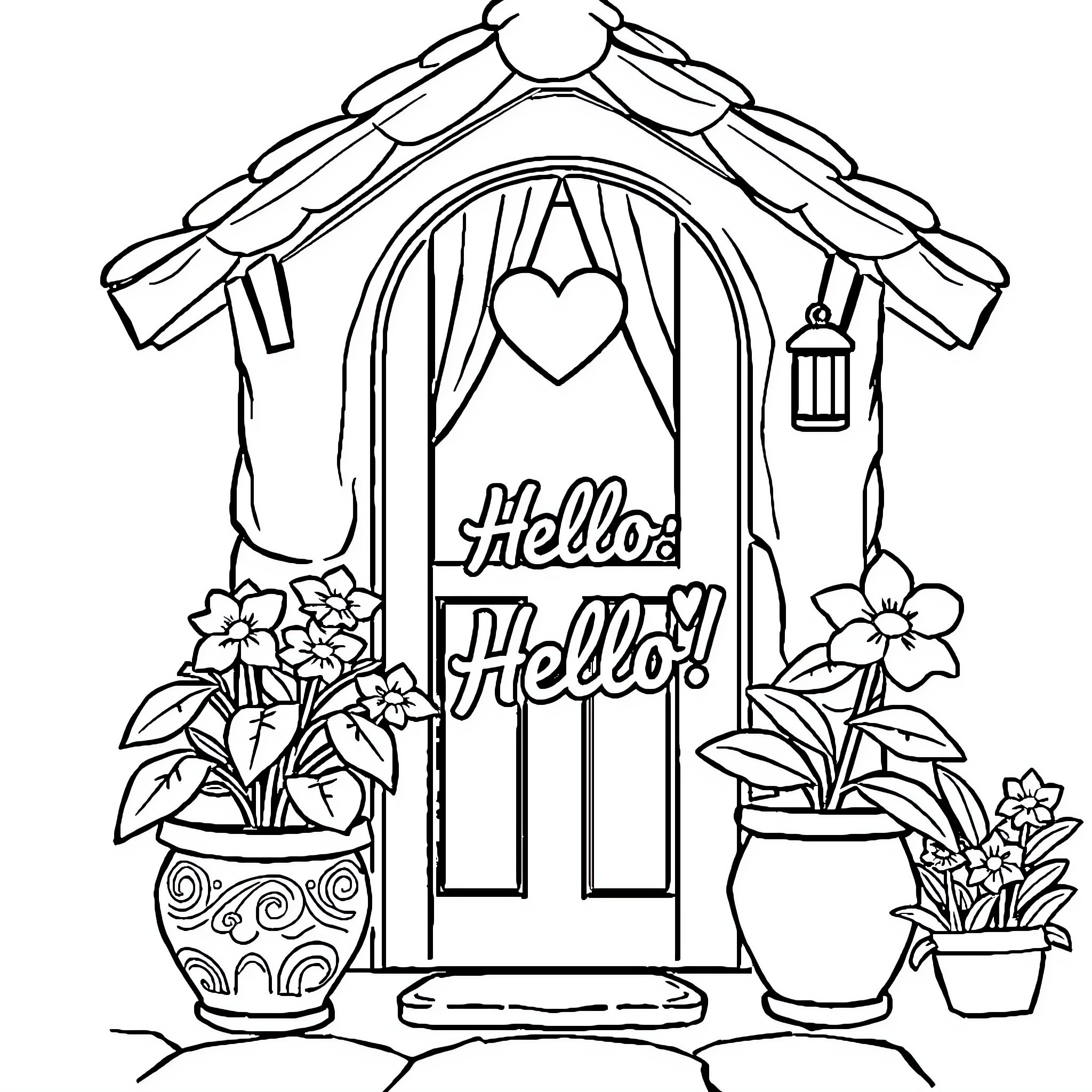 House with Decorative Entrance and Potted Plants Coloring Page (free black-and-white line drawing printable PDF for all, from beginners to advanced learners, including children, teens, adults, and seniors)