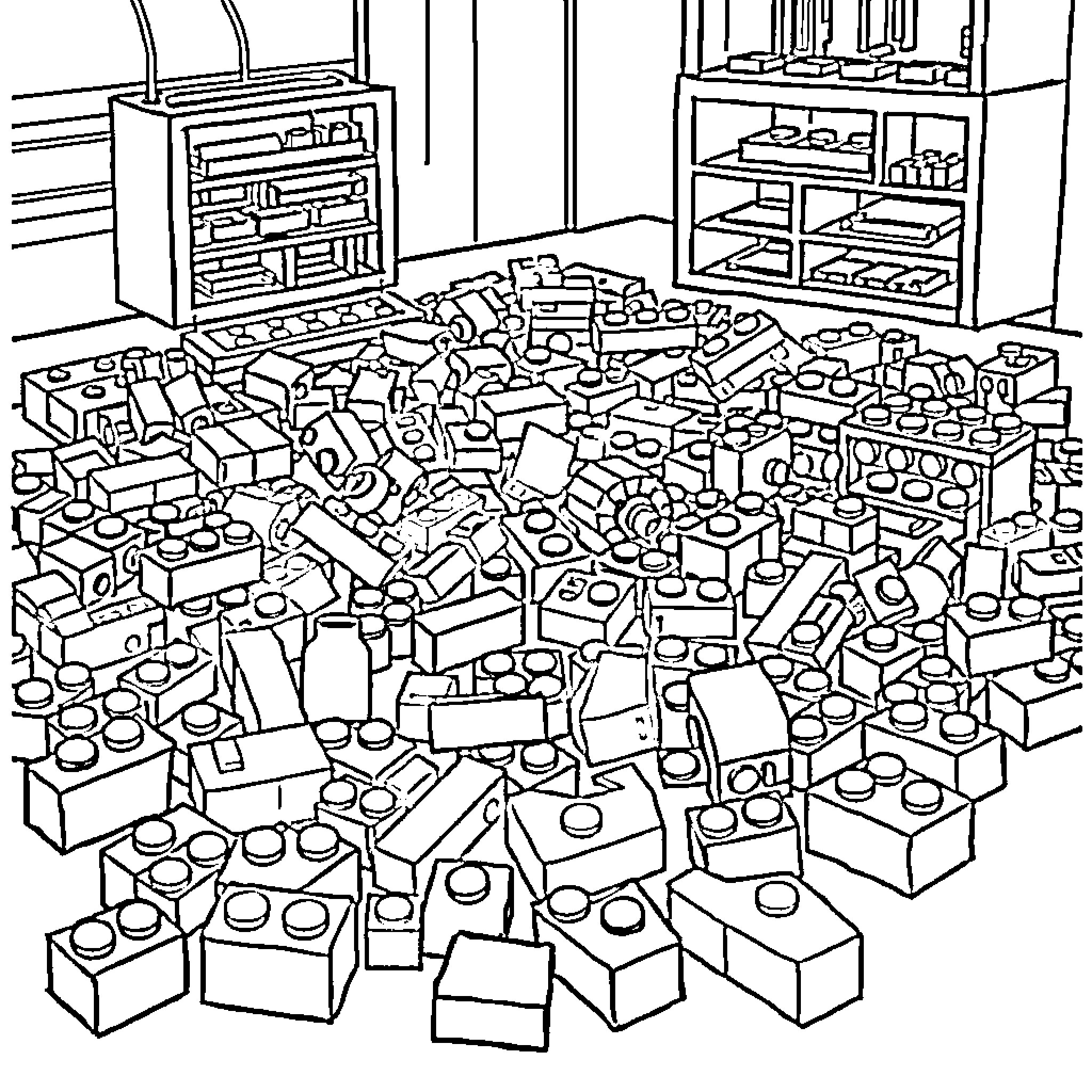 Lego Bricks Scattered in a Messy Room Coloring Page (free black-and-white line drawing printable PDF for all, from beginners to advanced learners, including children, teens, adults, and seniors)
