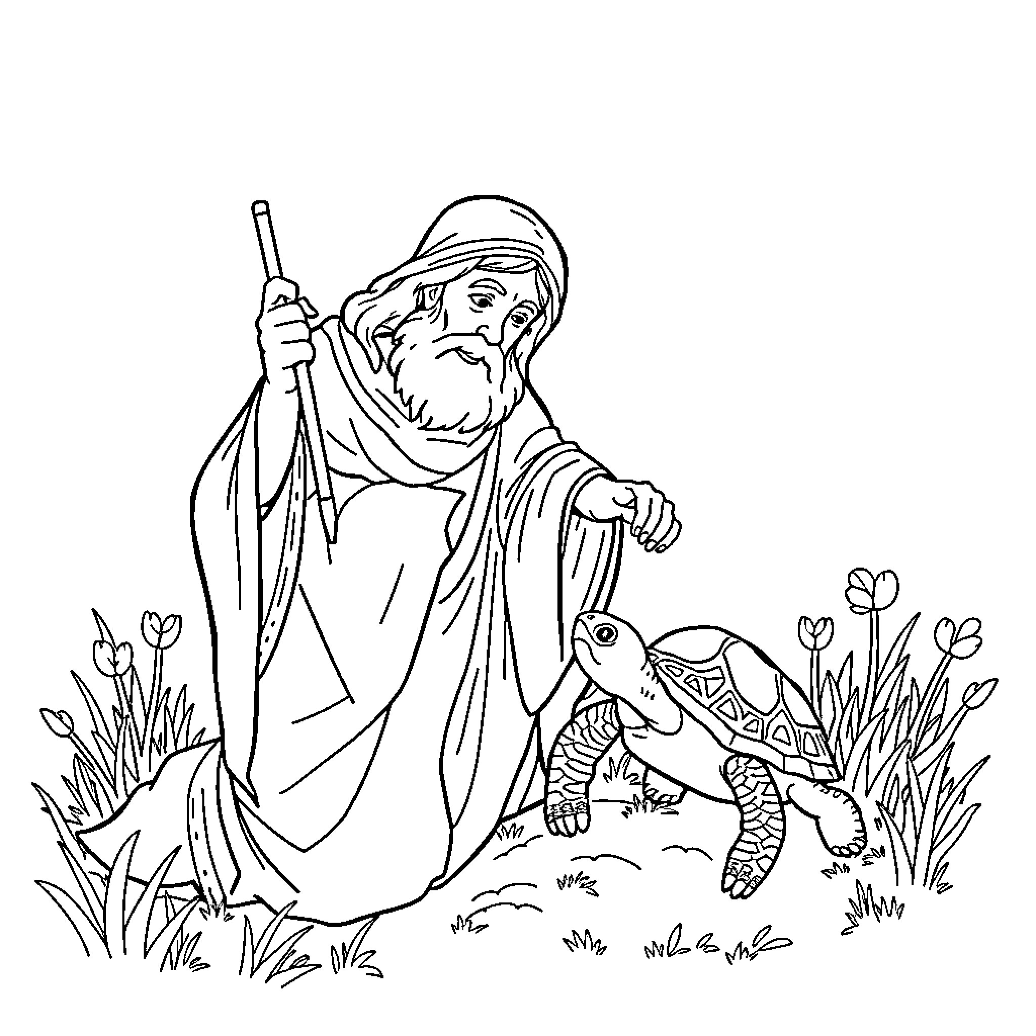 Saint Contemplating Nature's Wonders Coloring Page (free black-and-white line drawing printable PDF for all, from beginners to advanced learners, including children, teens, adults, and seniors)