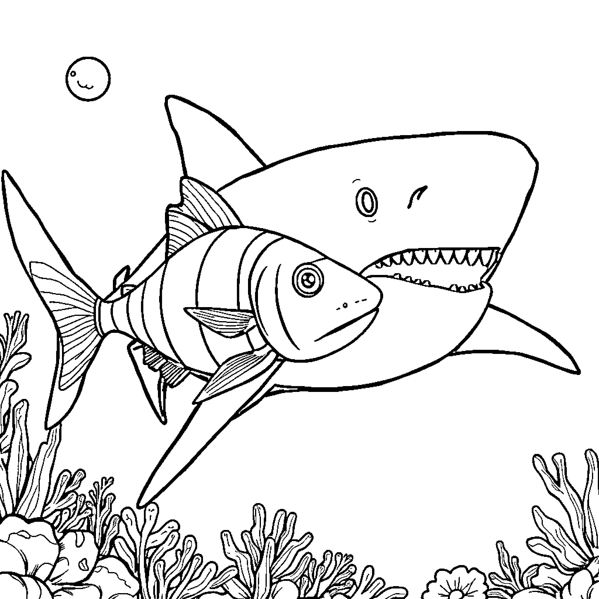 Remora shark hunting in coral reef Coloring Page (free black-and-white line drawing printable PDF for all, from beginners to advanced learners, including children, teens, adults, and seniors)