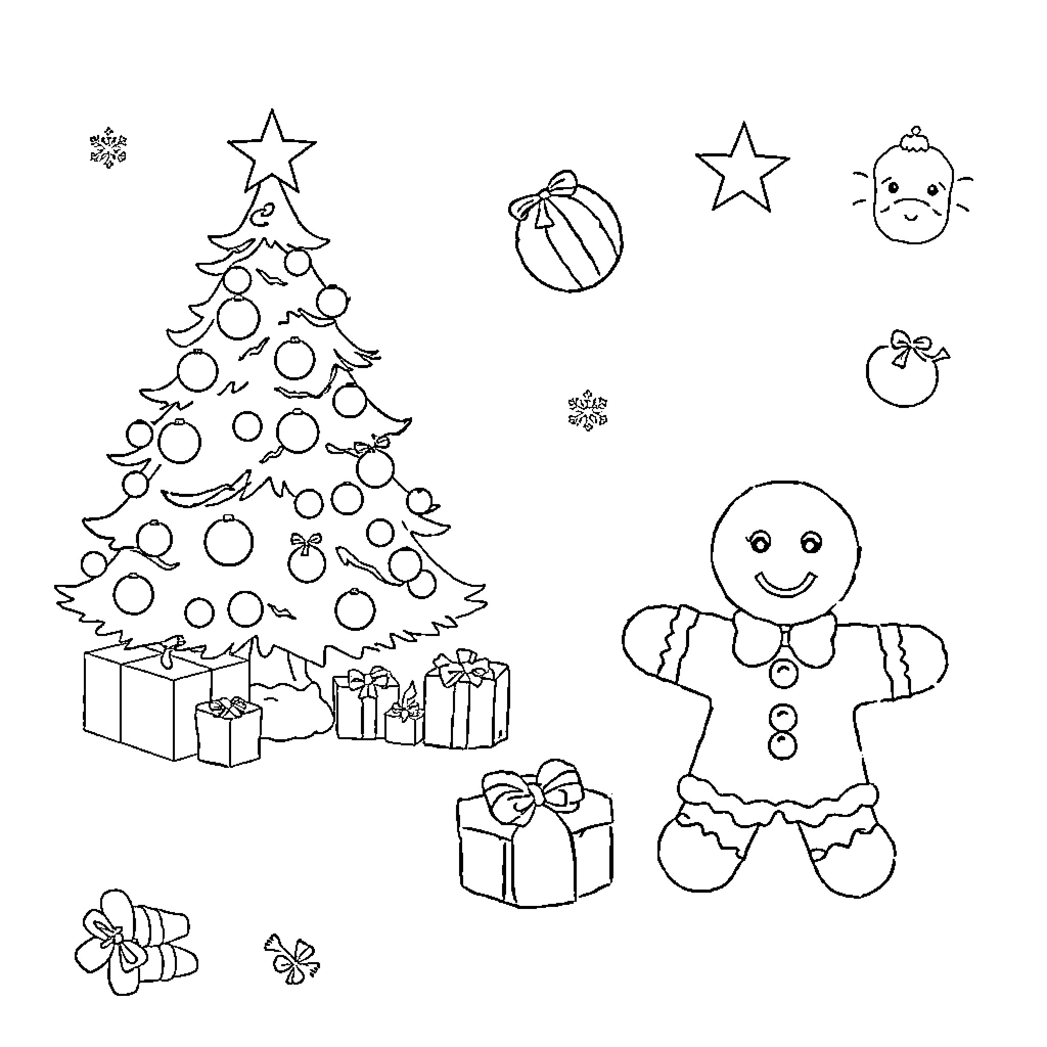 Christmas Elements with Trees, Ornaments, and Gingerbread Figures Coloring Page (free black-and-white line drawing printable PDF for all, from beginners to advanced learners, including children, teens, adults, and seniors)