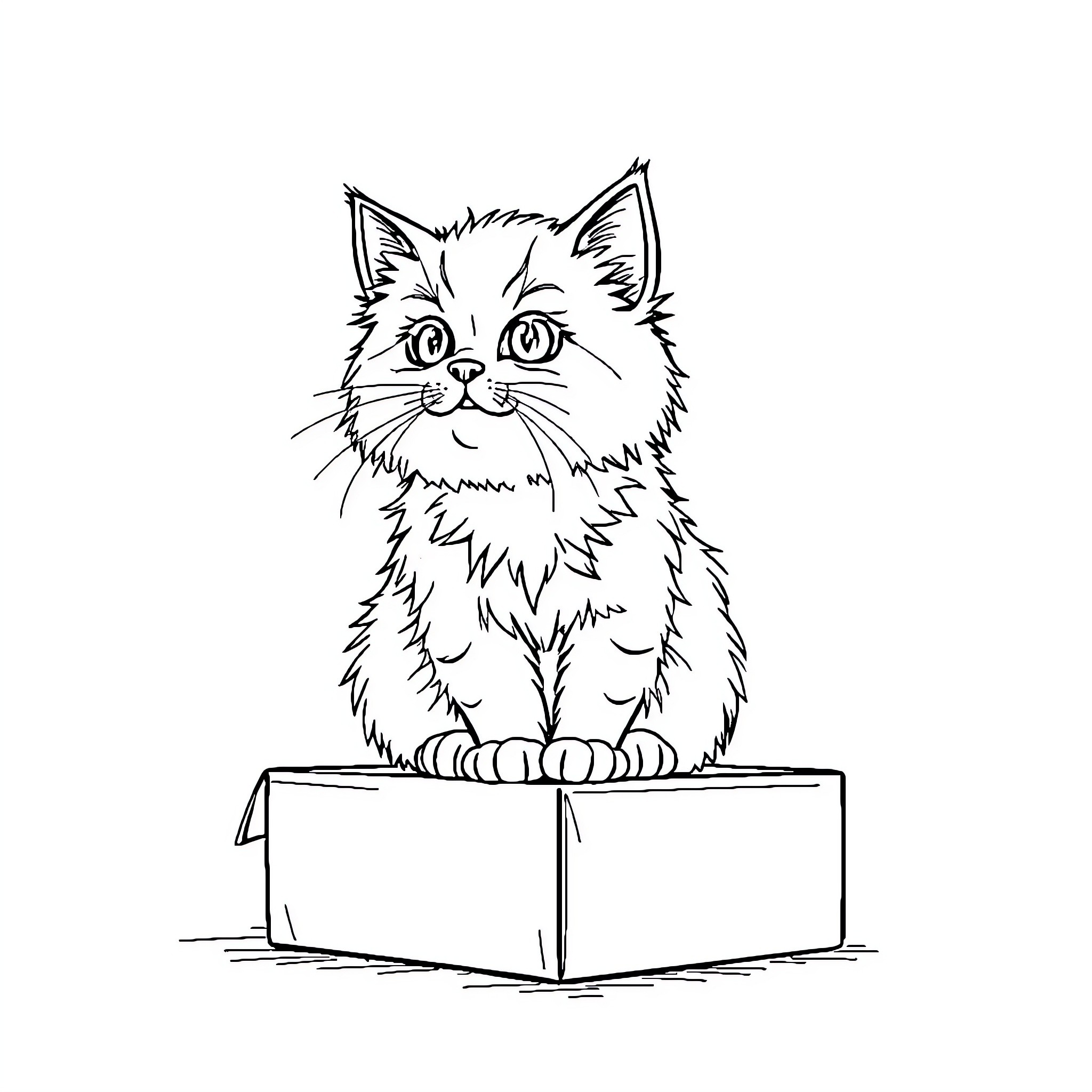 Cat sitting curiously in a box Coloring Page (free black-and-white line drawing printable PDF for all, from beginners to advanced learners, including children, teens, adults, and seniors)