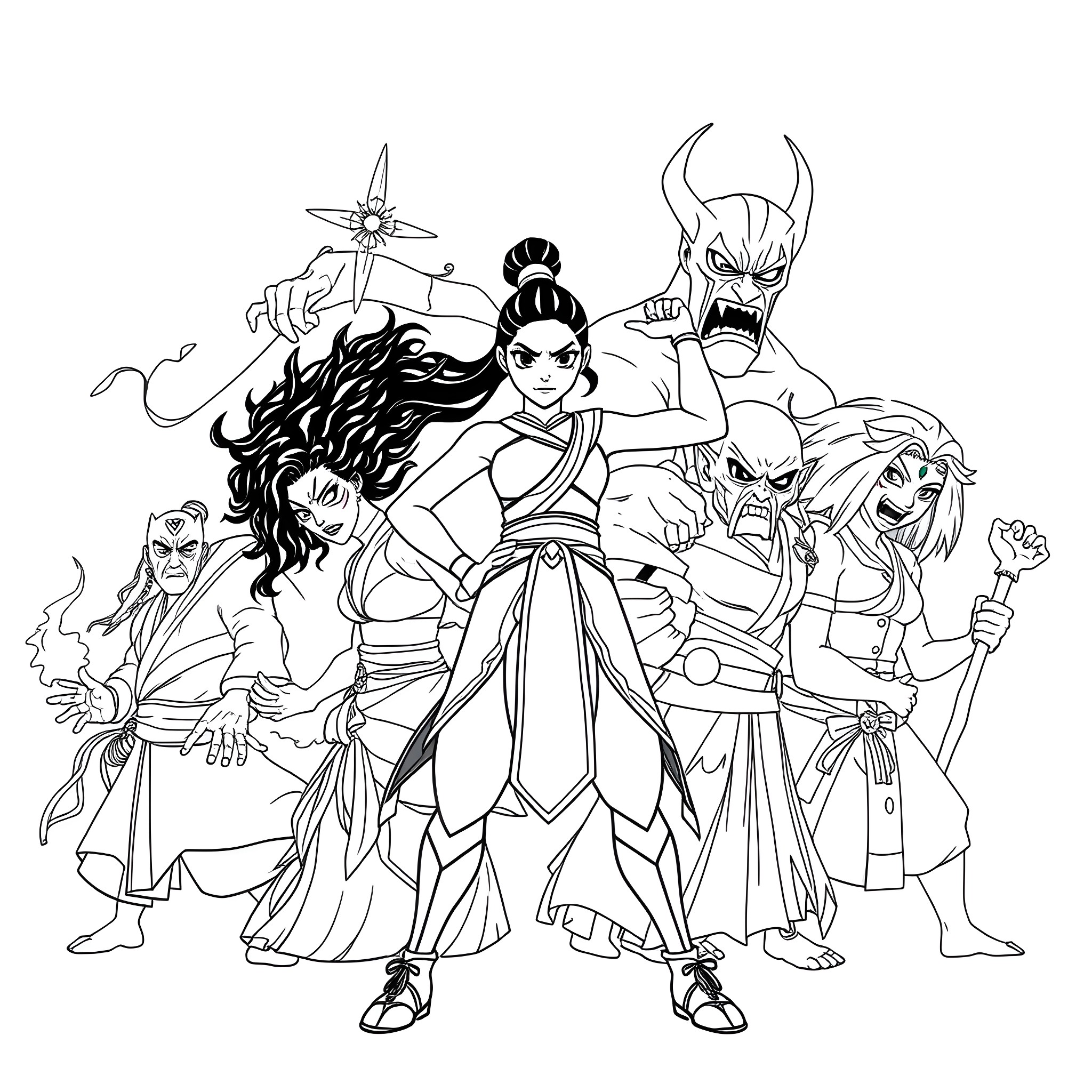 Korra and her formidable allies in action Coloring Page (free black-and-white line drawing printable PDF for all, from beginners to advanced learners, including children, teens, adults, and seniors)