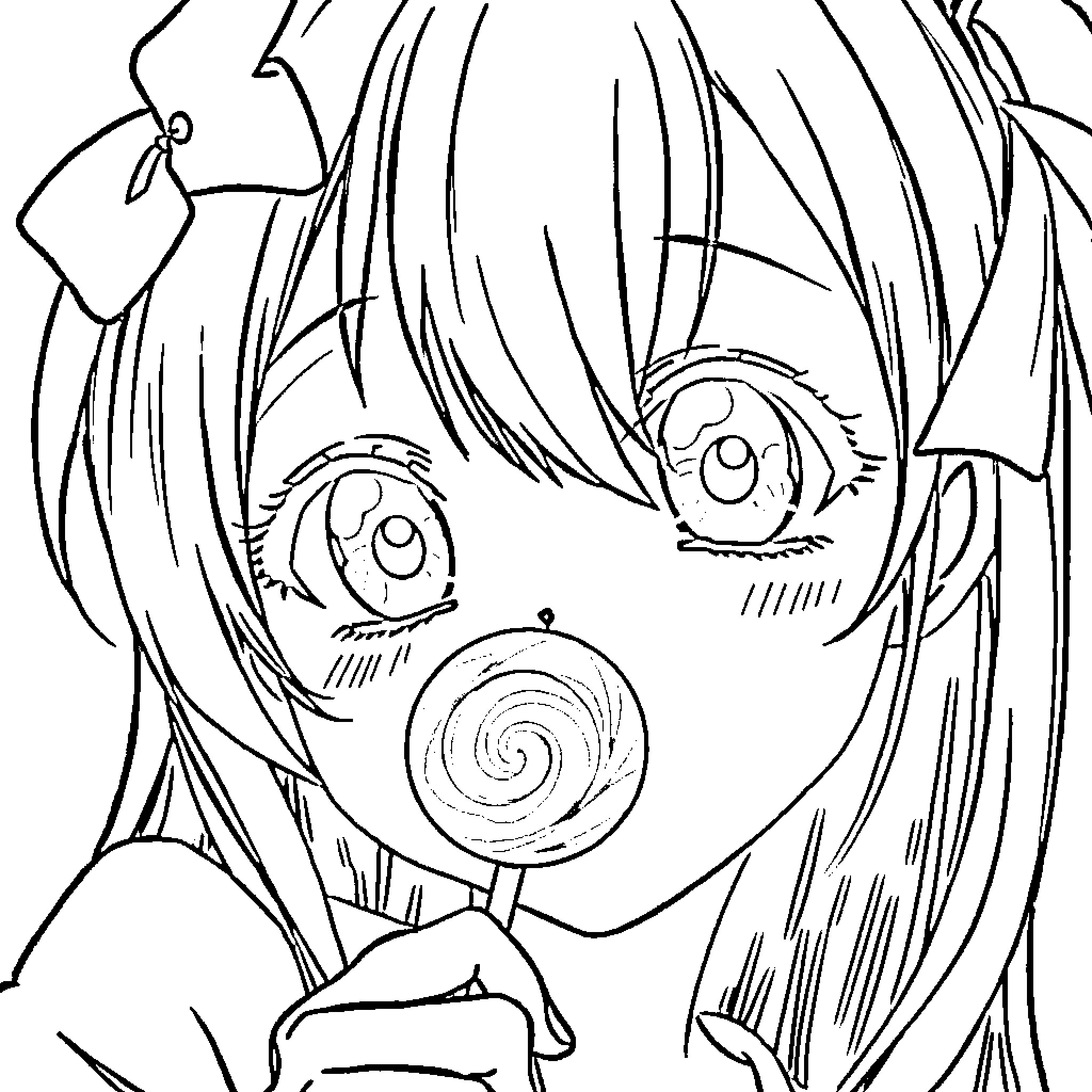 Anime Girl with Swirly Eyes and Lollipop Coloring Page (free black-and-white line drawing printable PDF for all, from beginners to advanced learners, including children, teens, adults, and seniors)