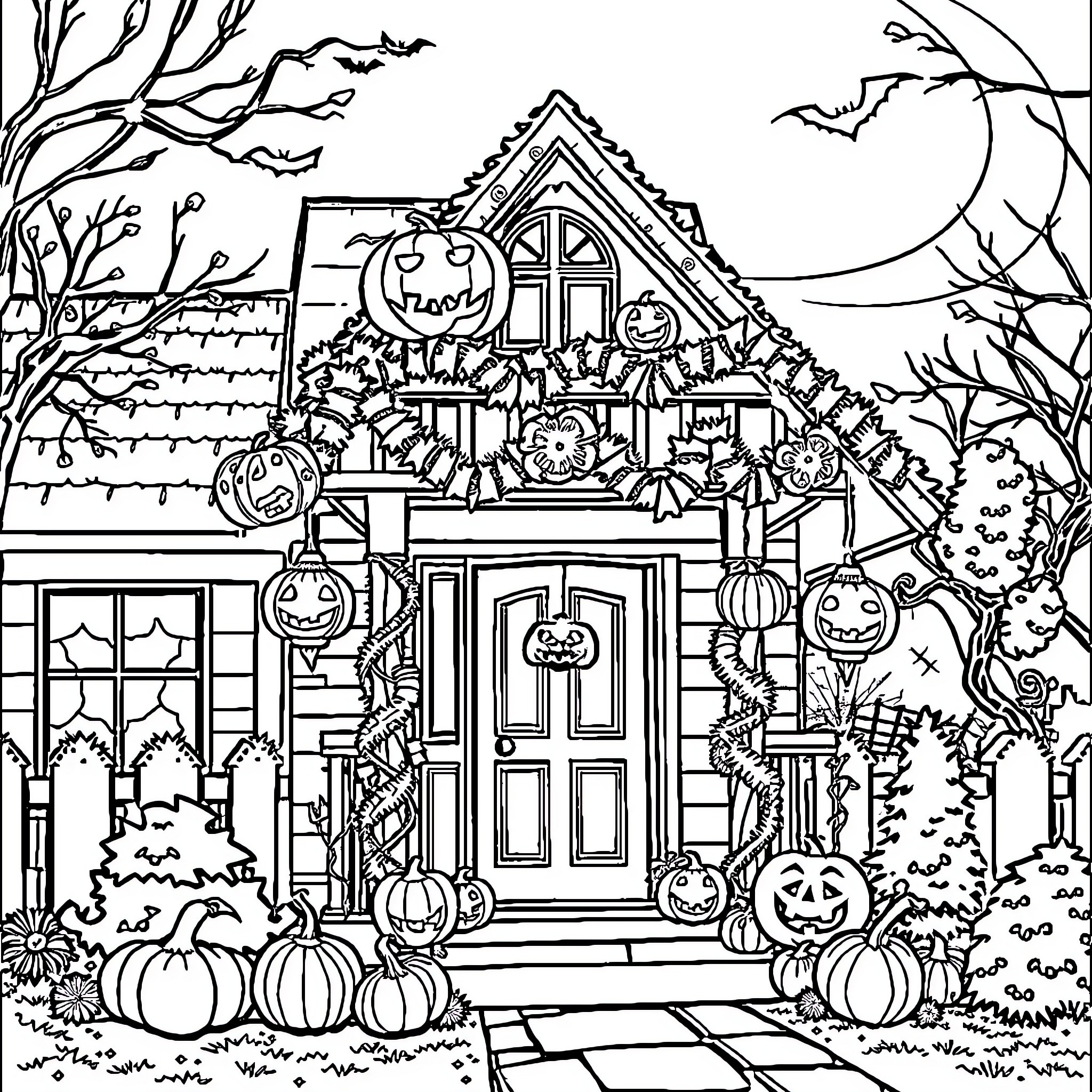 Pumpkin Halloween House with Decorations Coloring Page (free black-and-white line drawing printable PDF for all, from beginners to advanced learners, including children, teens, adults, and seniors)