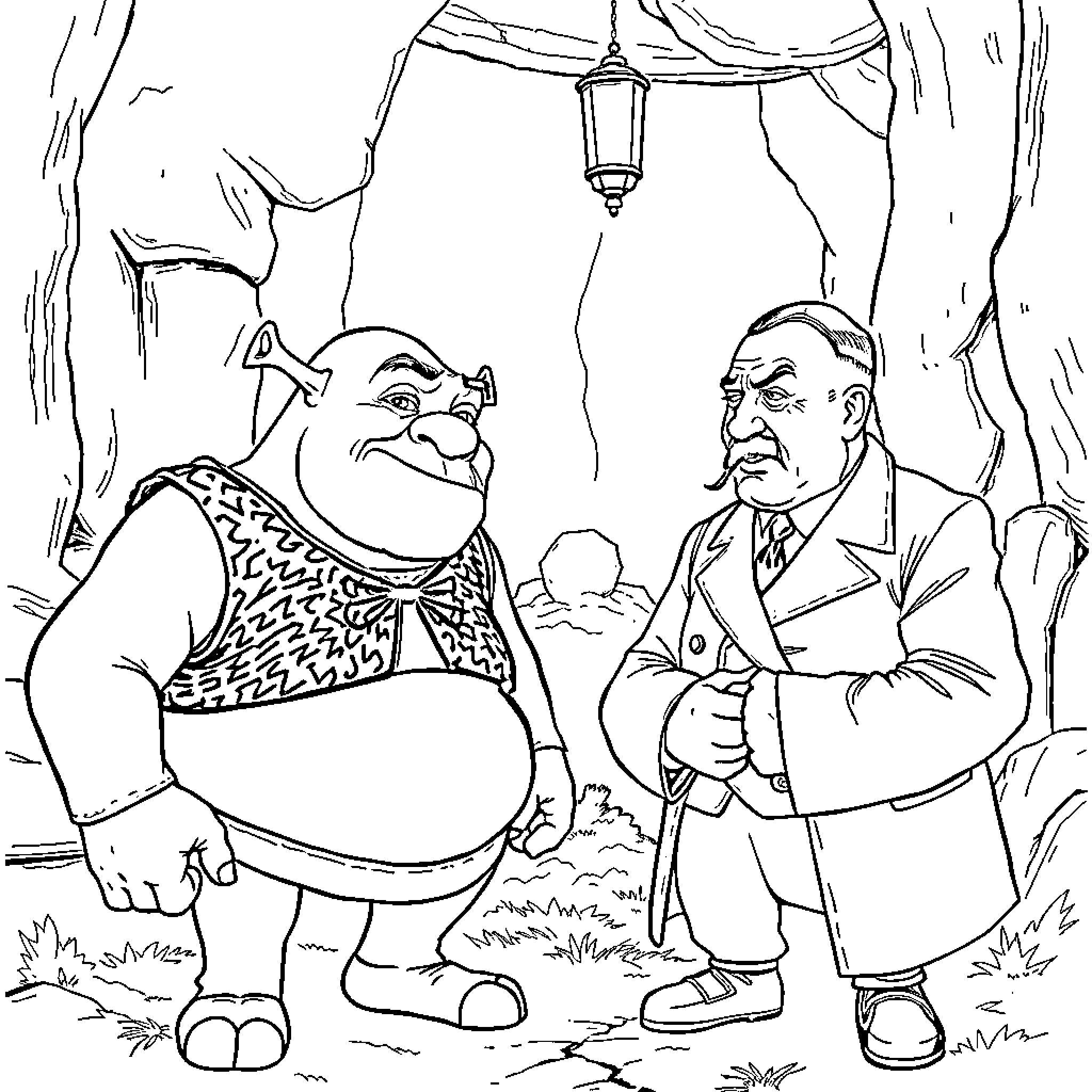 Shrek and Lord Farquaad in heated discussion Coloring Page (free black-and-white line drawing printable PDF for all, from beginners to advanced learners, including children, teens, adults, and seniors)