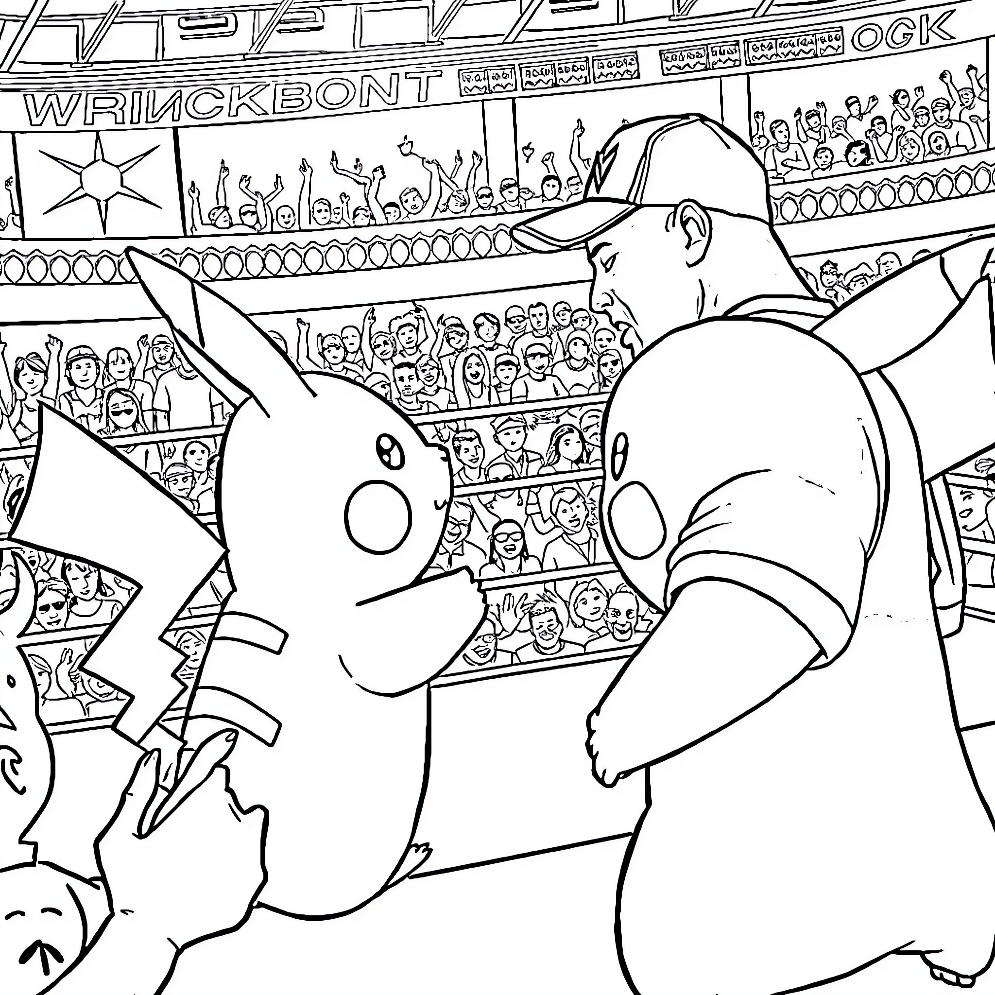 Pikachu Performing in a Crowded Stadium Coloring Page (free black-and-white line drawing printable PDF for all, from beginners to advanced learners, including children, teens, adults, and seniors)