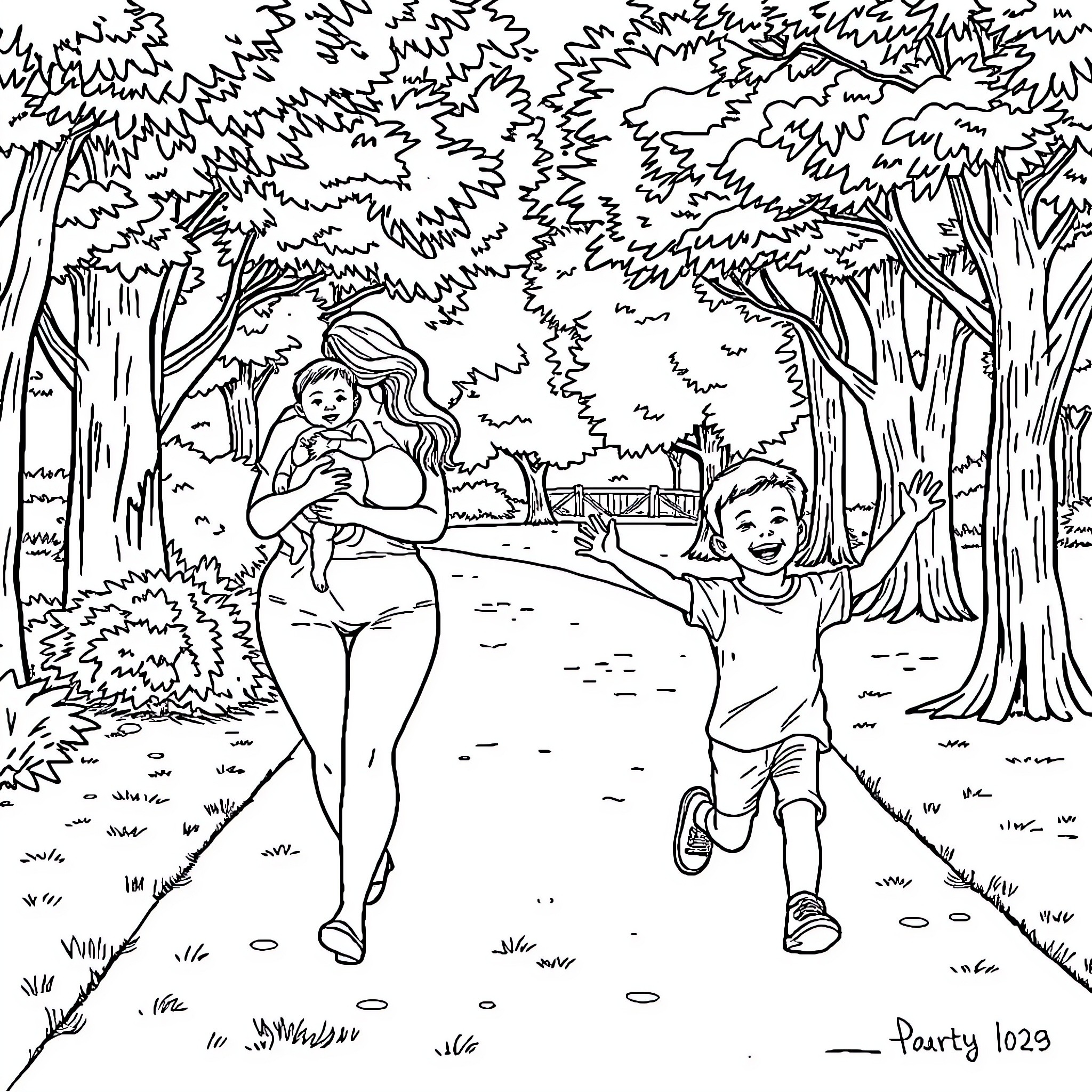 Mom and kids enjoying nature on a park path Coloring Page (free black-and-white line drawing printable PDF for all, from beginners to advanced learners, including children, teens, adults, and seniors)