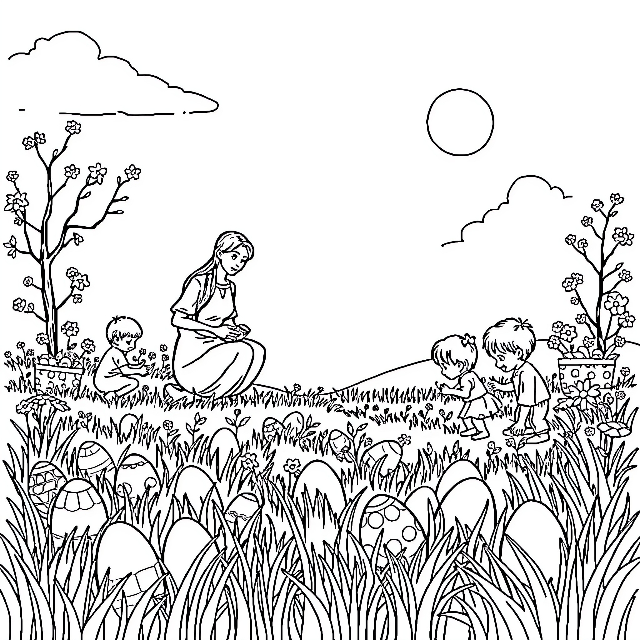 Easter family gathering in the flowery meadow Coloring Page (free black-and-white line drawing printable PDF for all, from beginners to advanced learners, including children, teens, adults, and seniors)