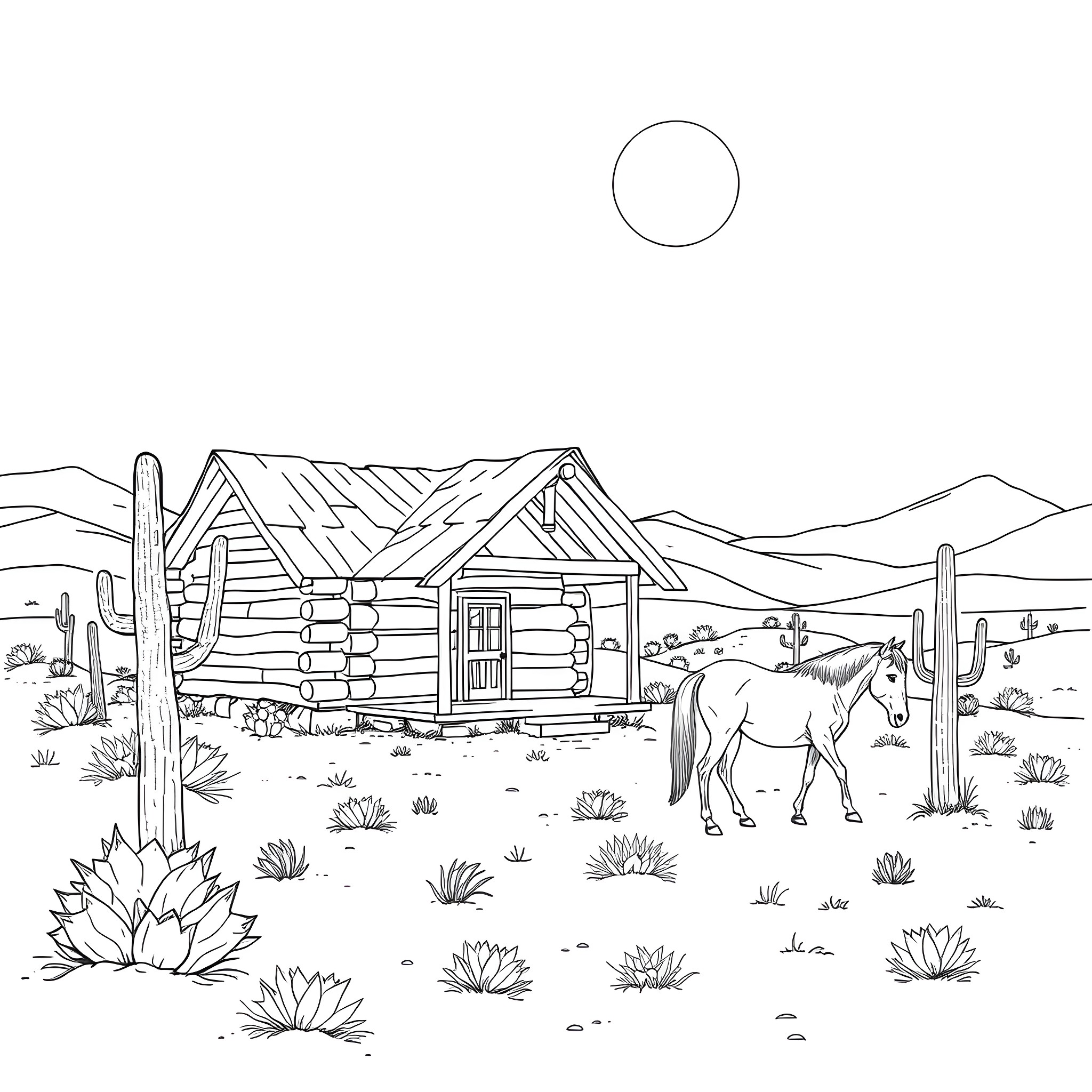 Log Cabin with Horse in Desert Landscape Coloring Page (free black-and-white line drawing printable PDF for all, from beginners to advanced learners, including children, teens, adults, and seniors)