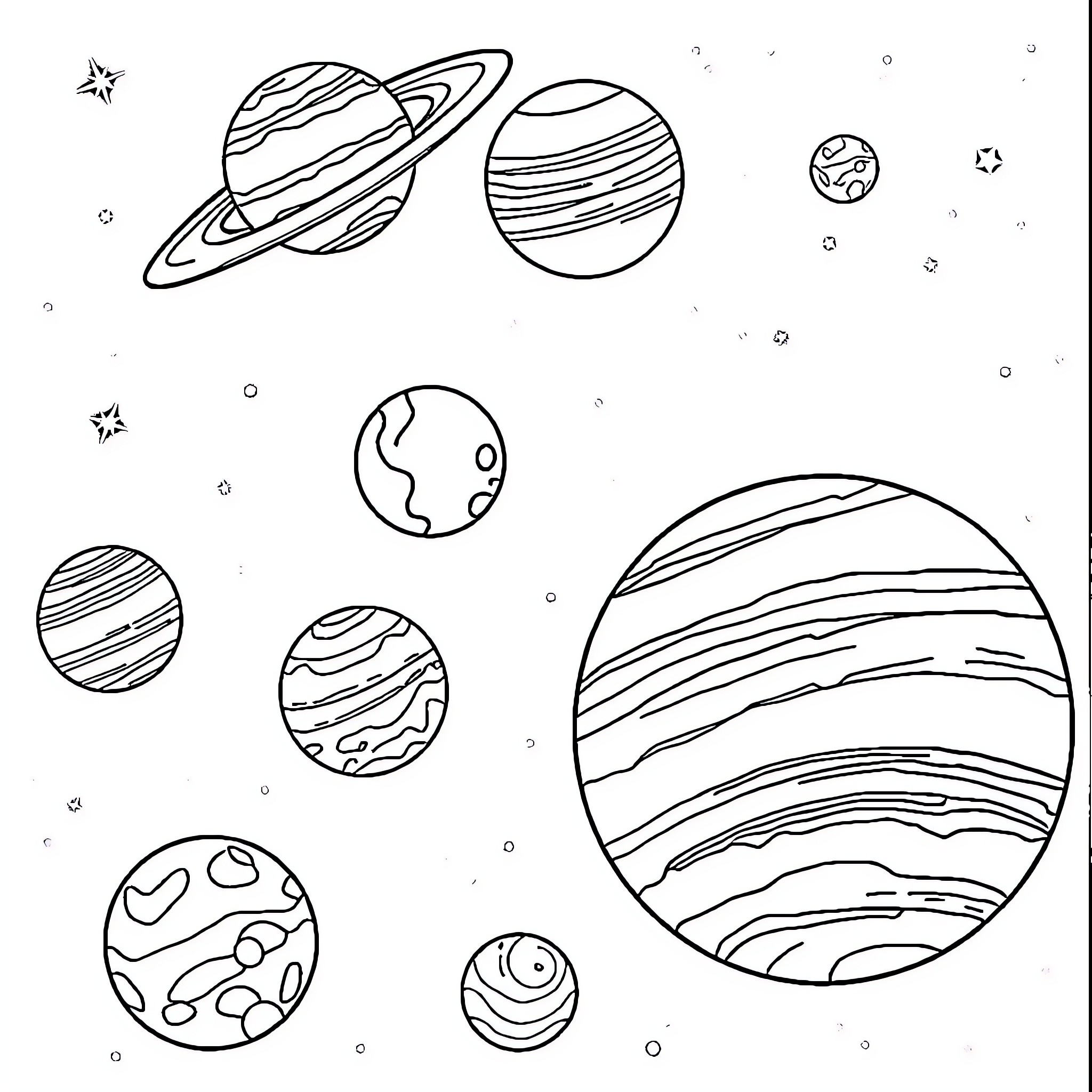 Planet Exploration of Diverse Celestial Bodies Coloring Page (free black-and-white line drawing printable PDF for all, from beginners to advanced learners, including children, teens, adults, and seniors)