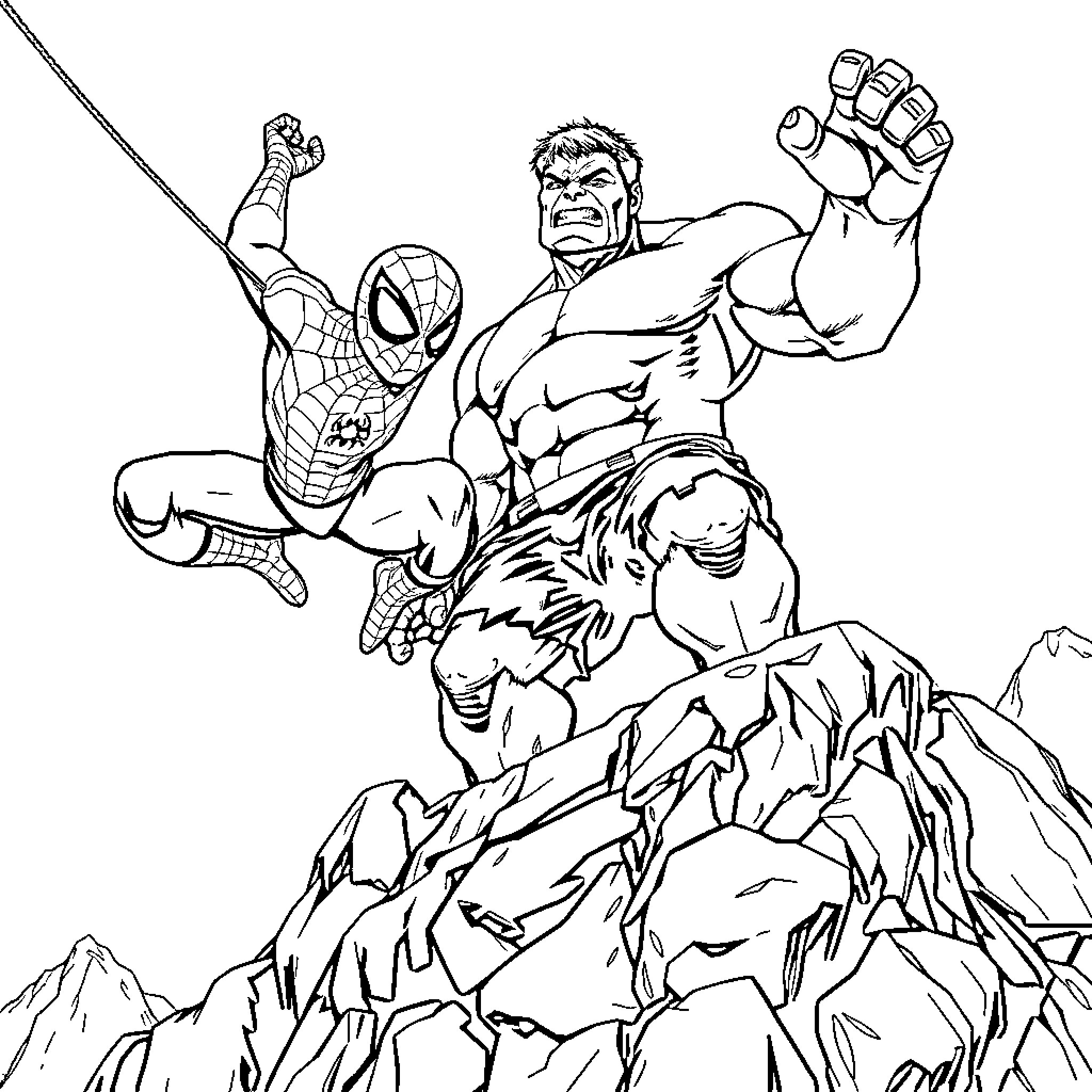 Spiderman and Hulk battling in action pose Coloring Page (free black-and-white line drawing printable PDF for all, from beginners to advanced learners, including children, teens, adults, and seniors)