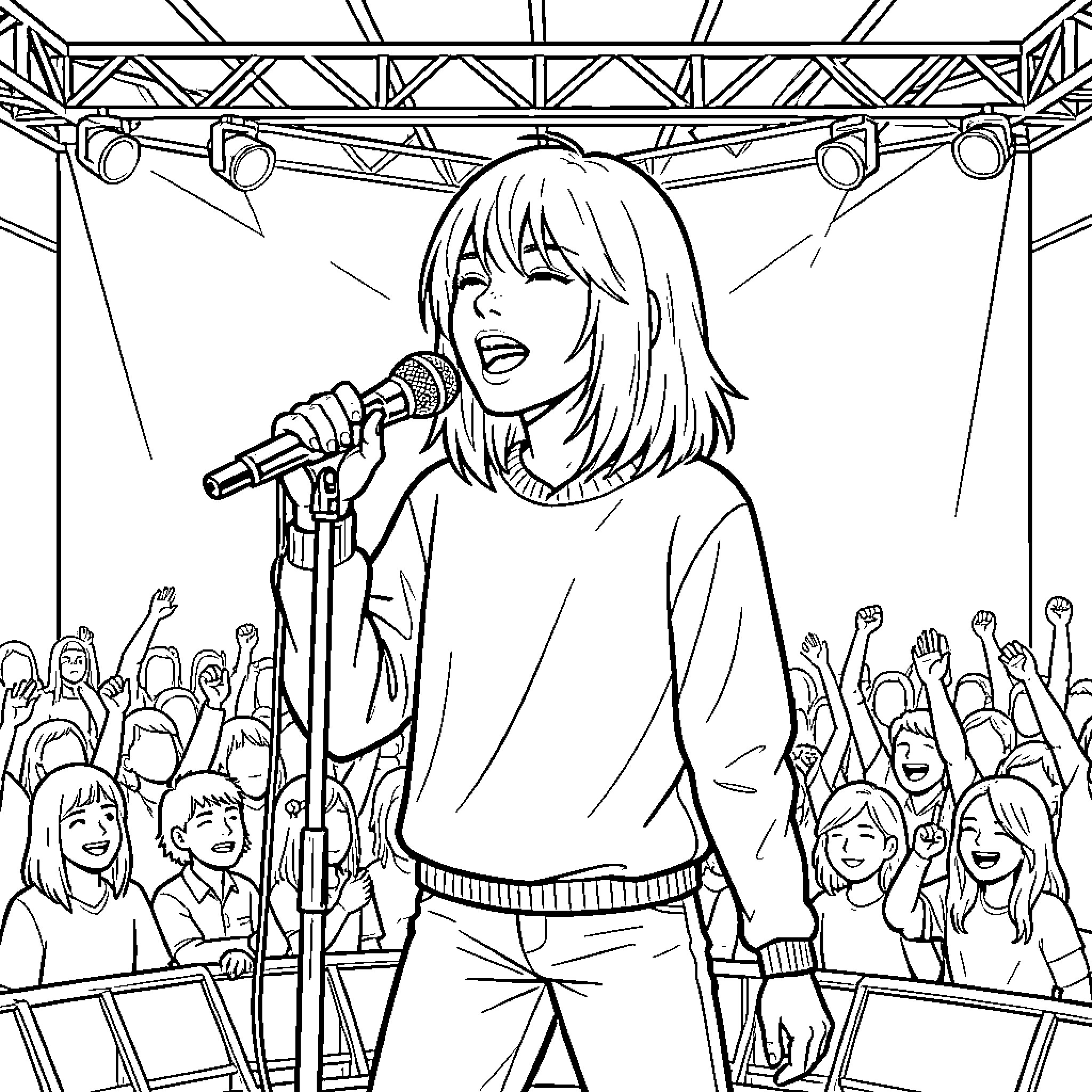 Billie Eilish singing into a microphone on stage Coloring Page (free black-and-white line drawing printable PDF for all, from beginners to advanced learners, including children, teens, adults, and seniors)