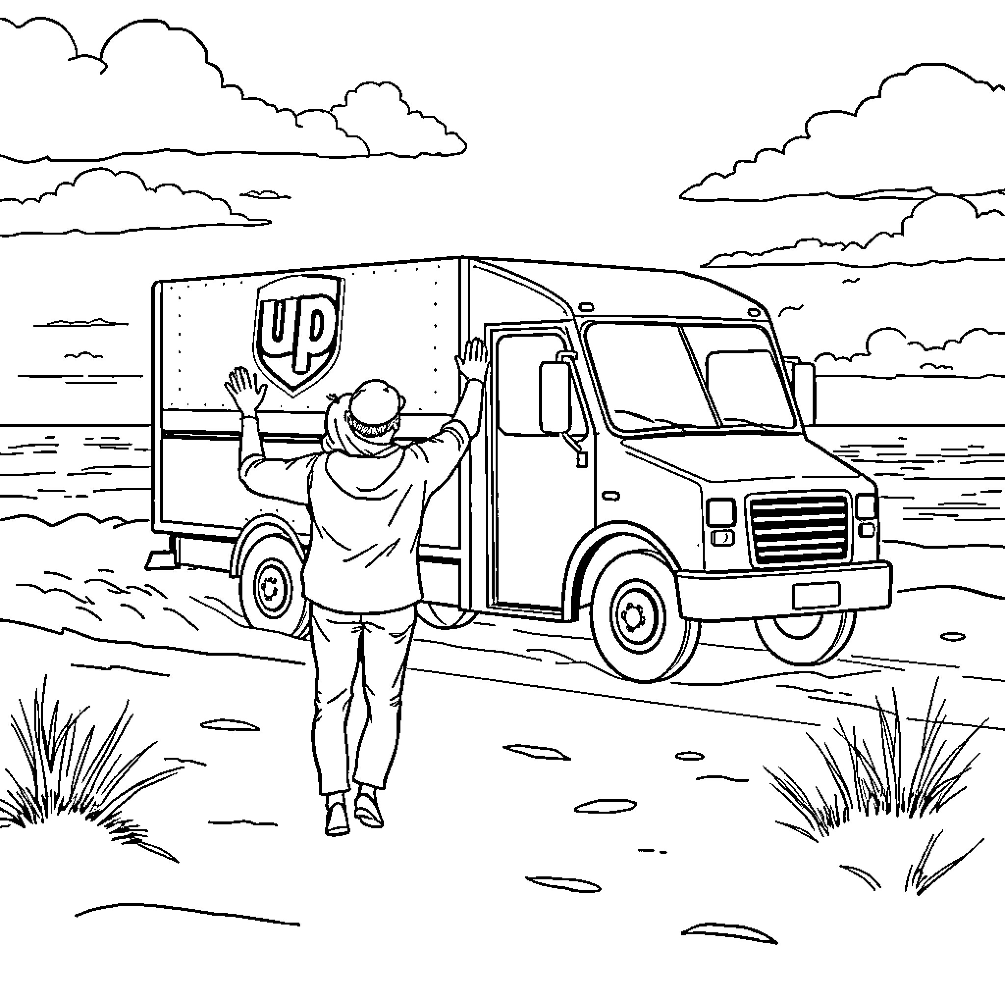 Person delivering packages in a delivery truck Coloring Page (free black-and-white line drawing printable PDF for all, from beginners to advanced learners, including children, teens, adults, and seniors)