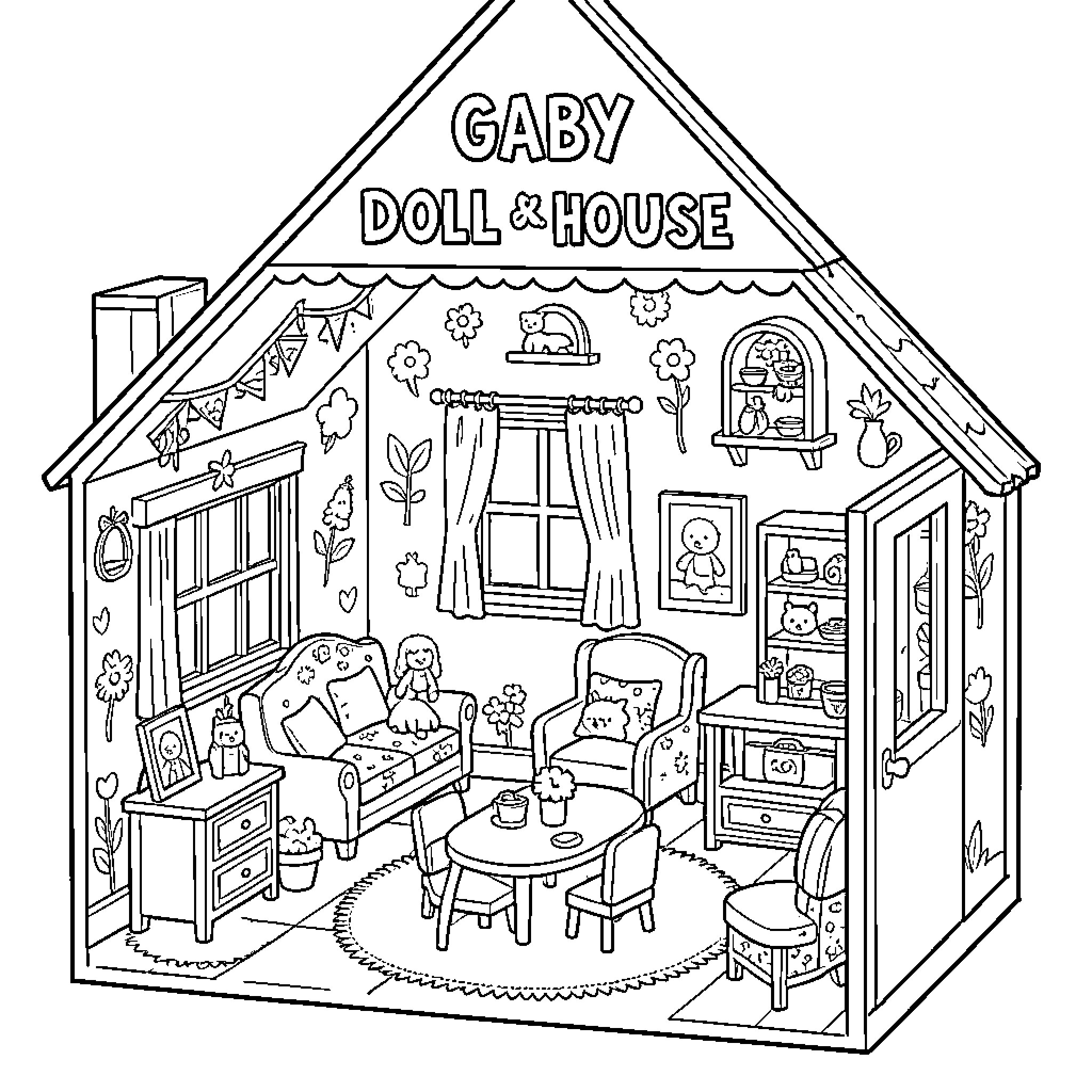 Gabby Doll House: Cozy Furnishings and Playtime Scenes Coloring Page (free black-and-white line drawing printable PDF for all, from beginners to advanced learners, including children, teens, adults, and seniors)